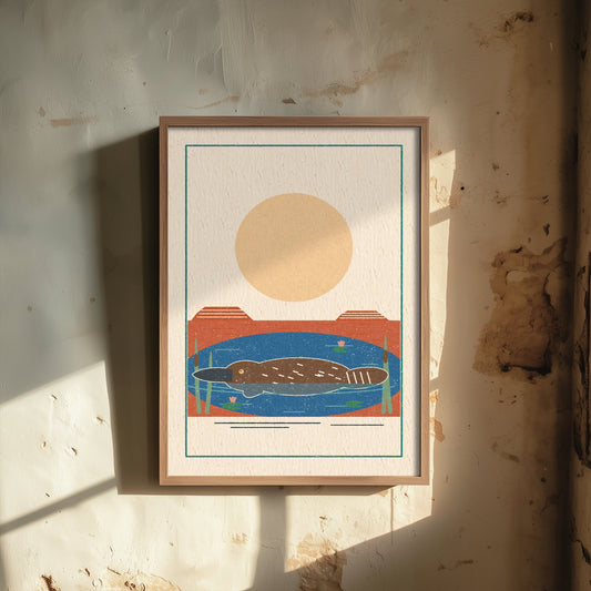 Platypus Art Print - Billabong Swim Poster - Retro Linocut Australian Wildlife Illustration V2 2/3