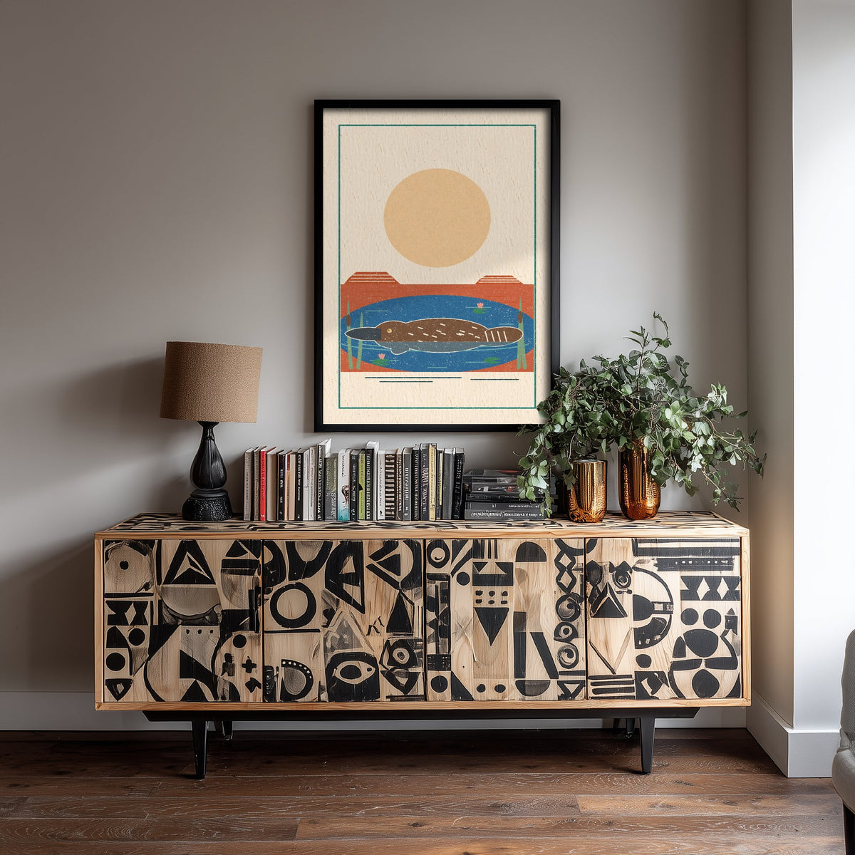 Platypus Art Print - Billabong Swim Poster - Retro Linocut Australian Wildlife Illustration V2 2/3