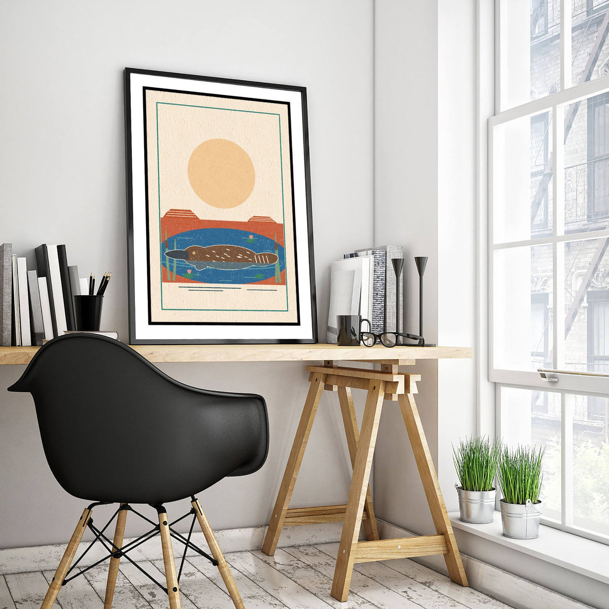Platypus Art Print - Billabong Swim Poster - Retro Linocut Australian Wildlife Illustration V2 2/3