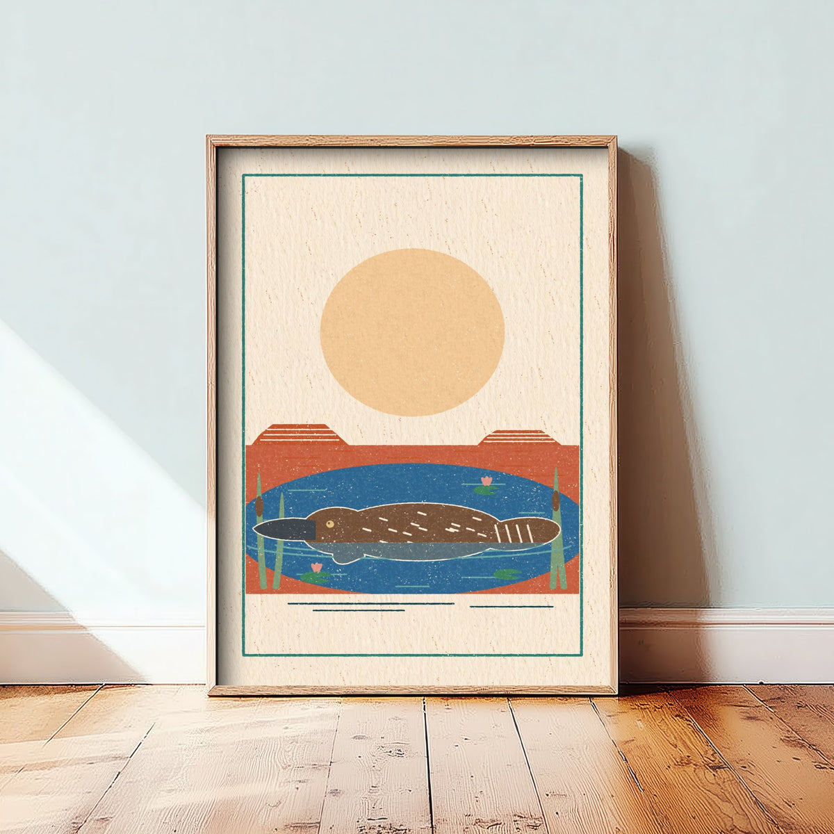Platypus Art Print - Billabong Swim Poster - Retro Linocut Australian Wildlife Illustration V2 2/3