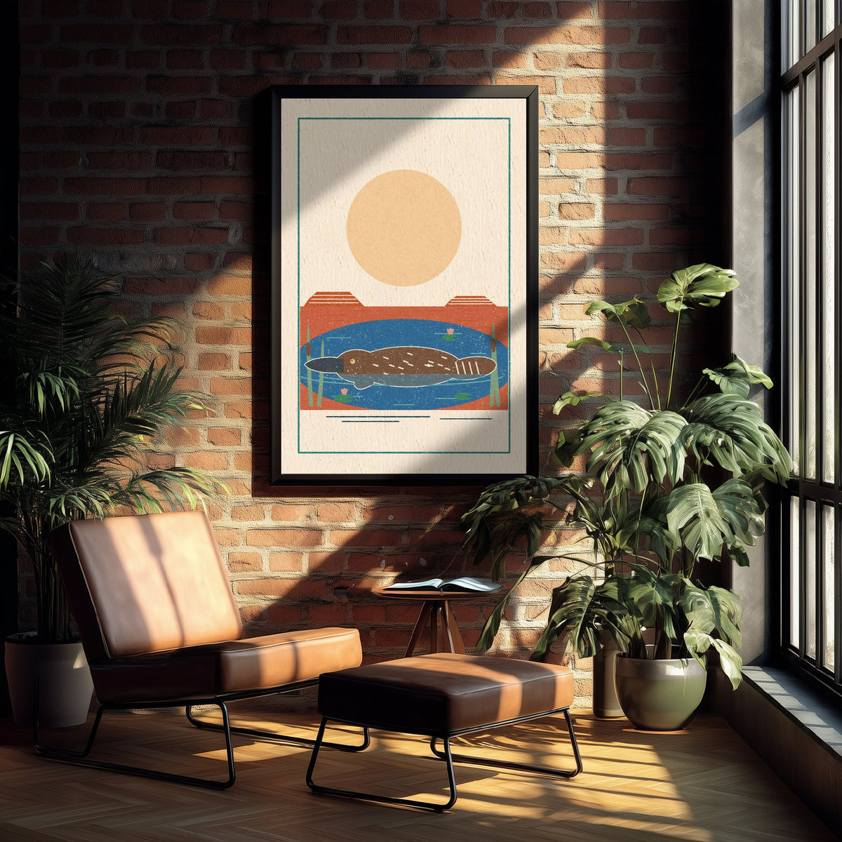 Platypus Art Print - Billabong Swim Poster - Retro Linocut Australian Wildlife Illustration V2 2/3