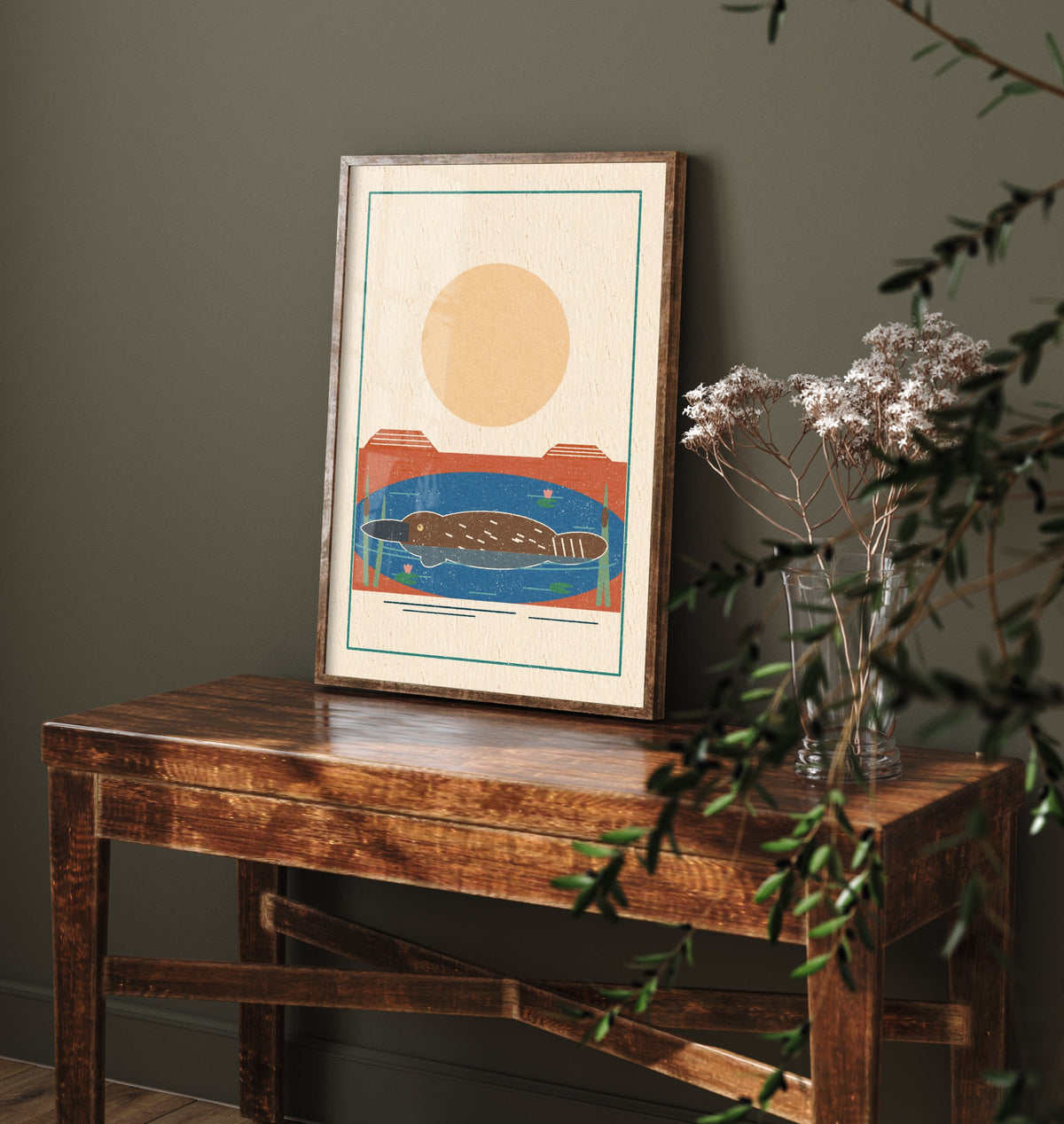 Platypus Art Print - Billabong Swim Poster - Retro Linocut Australian Wildlife Illustration V2 2/3