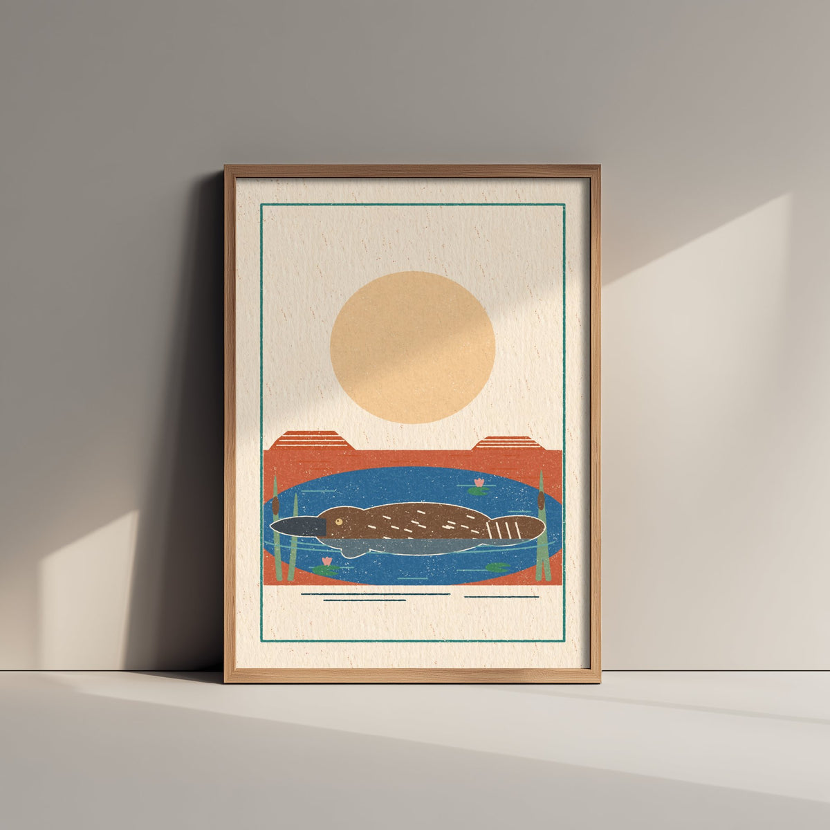 Platypus Art Print - Billabong Swim Poster - Retro Linocut Australian Wildlife Illustration V2 2/3