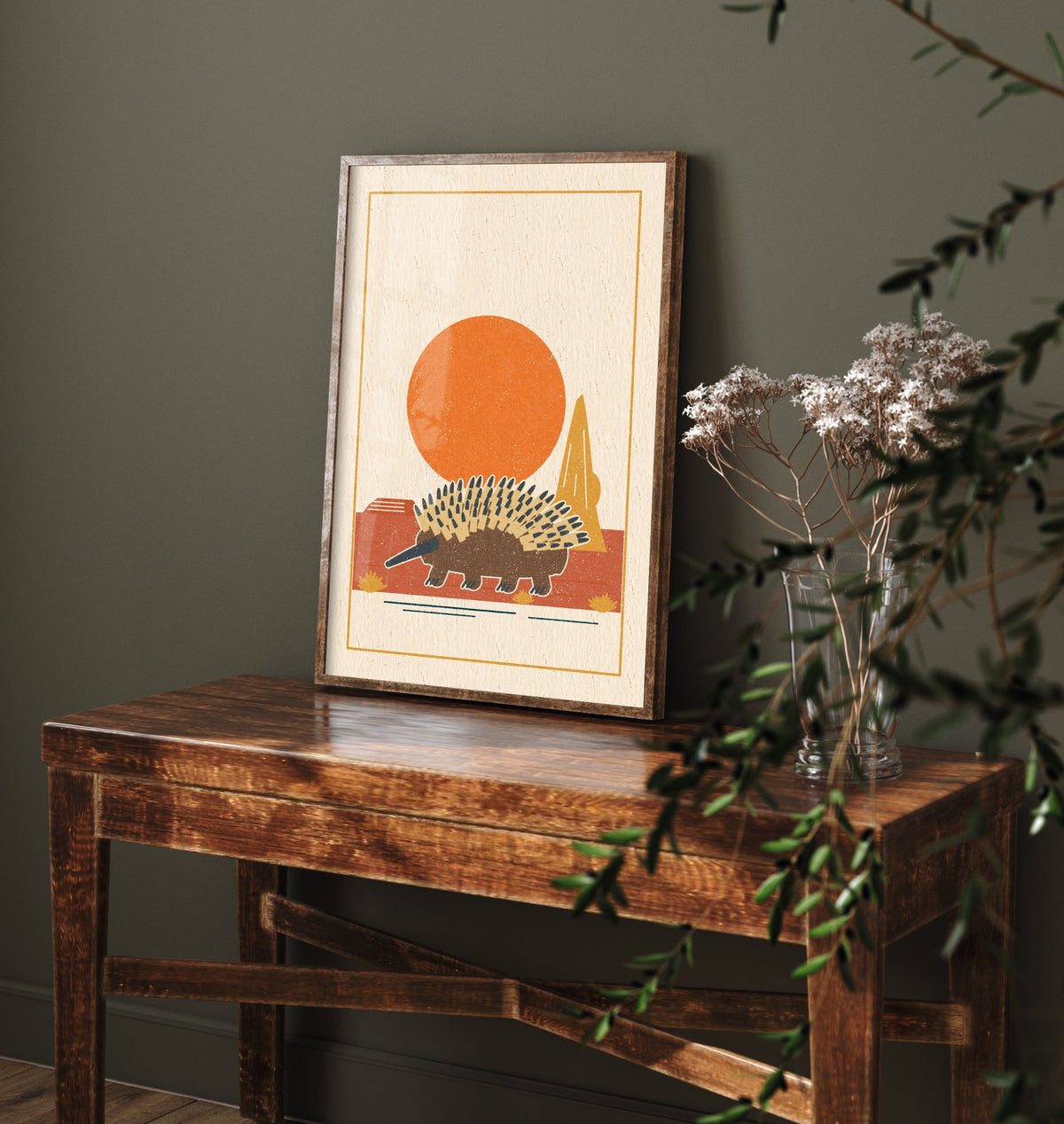Echidna Art Print - Spiky Outback Animal Poster - Orange Sun Nursery Woodcut V2 3/3