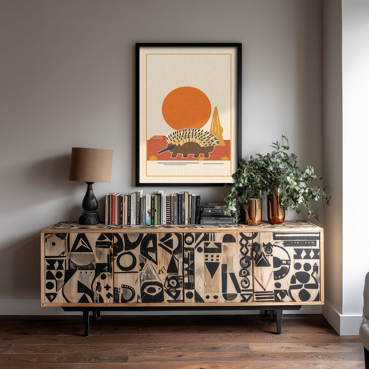 Echidna Art Print - Spiky Outback Animal Poster - Orange Sun Nursery Woodcut V2 3/3