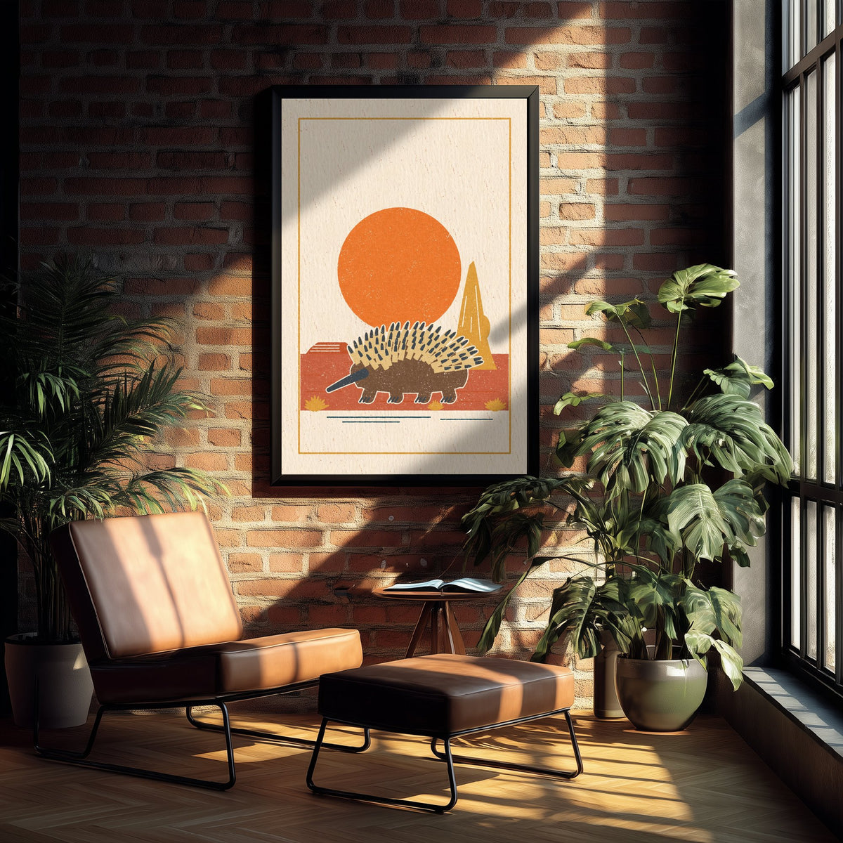 Echidna Art Print - Spiky Outback Animal Poster - Orange Sun Nursery Woodcut V2 3/3