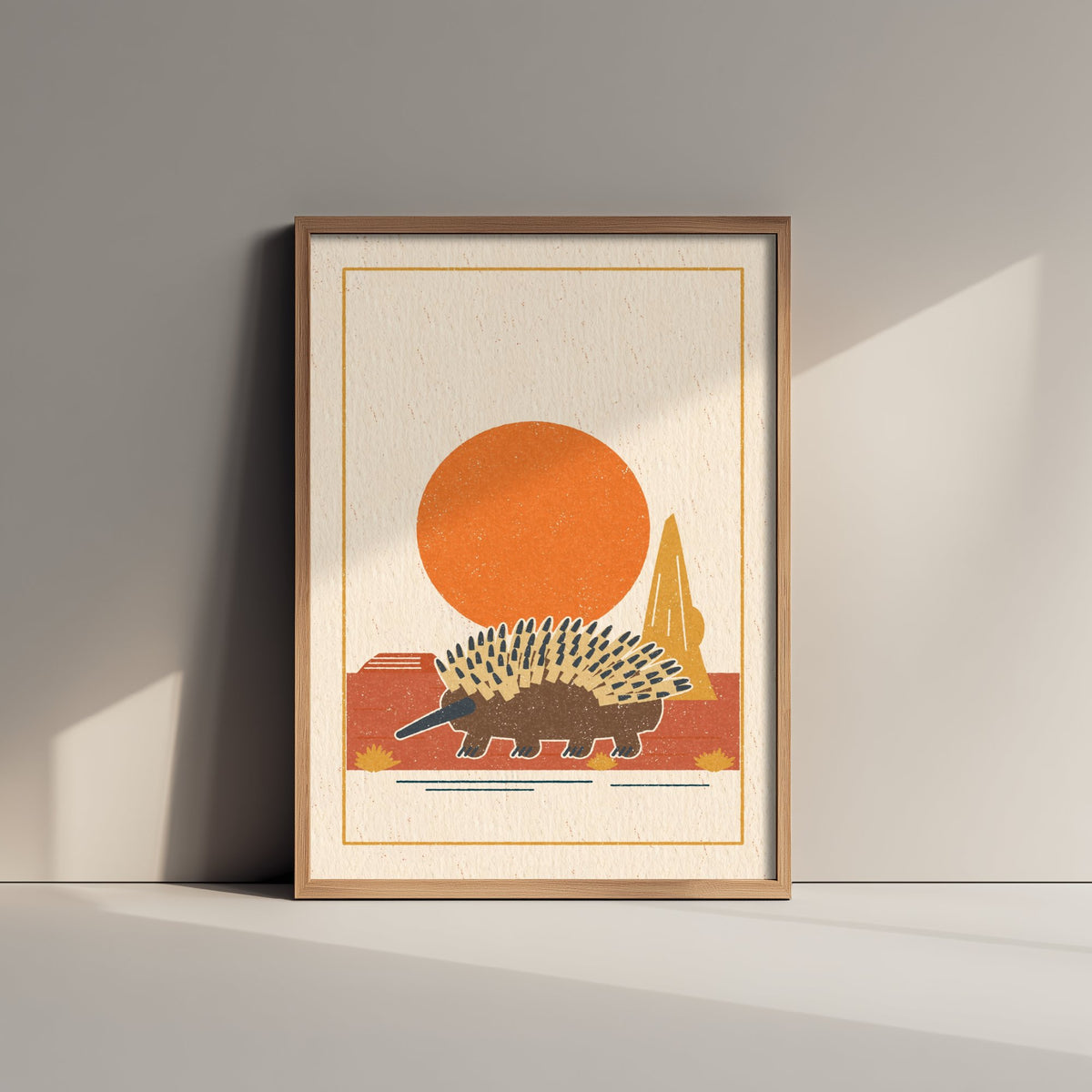 Echidna Art Print - Spiky Outback Animal Poster - Orange Sun Nursery Woodcut V2 3/3