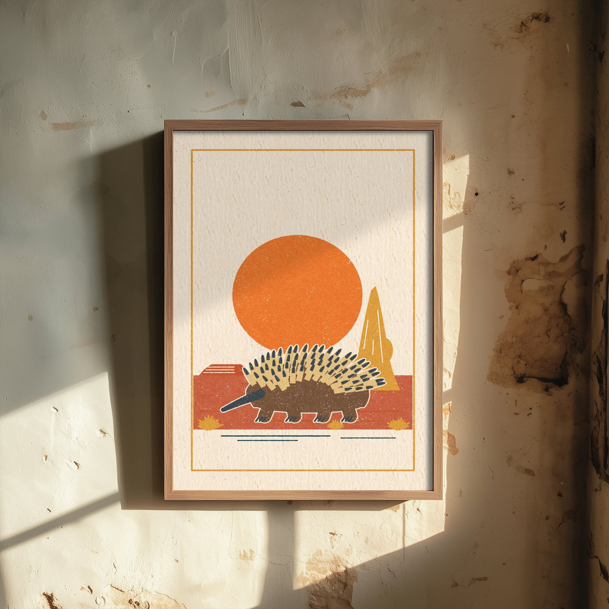 Echidna Art Print - Spiky Outback Animal Poster - Orange Sun Nursery Woodcut V2 3/3