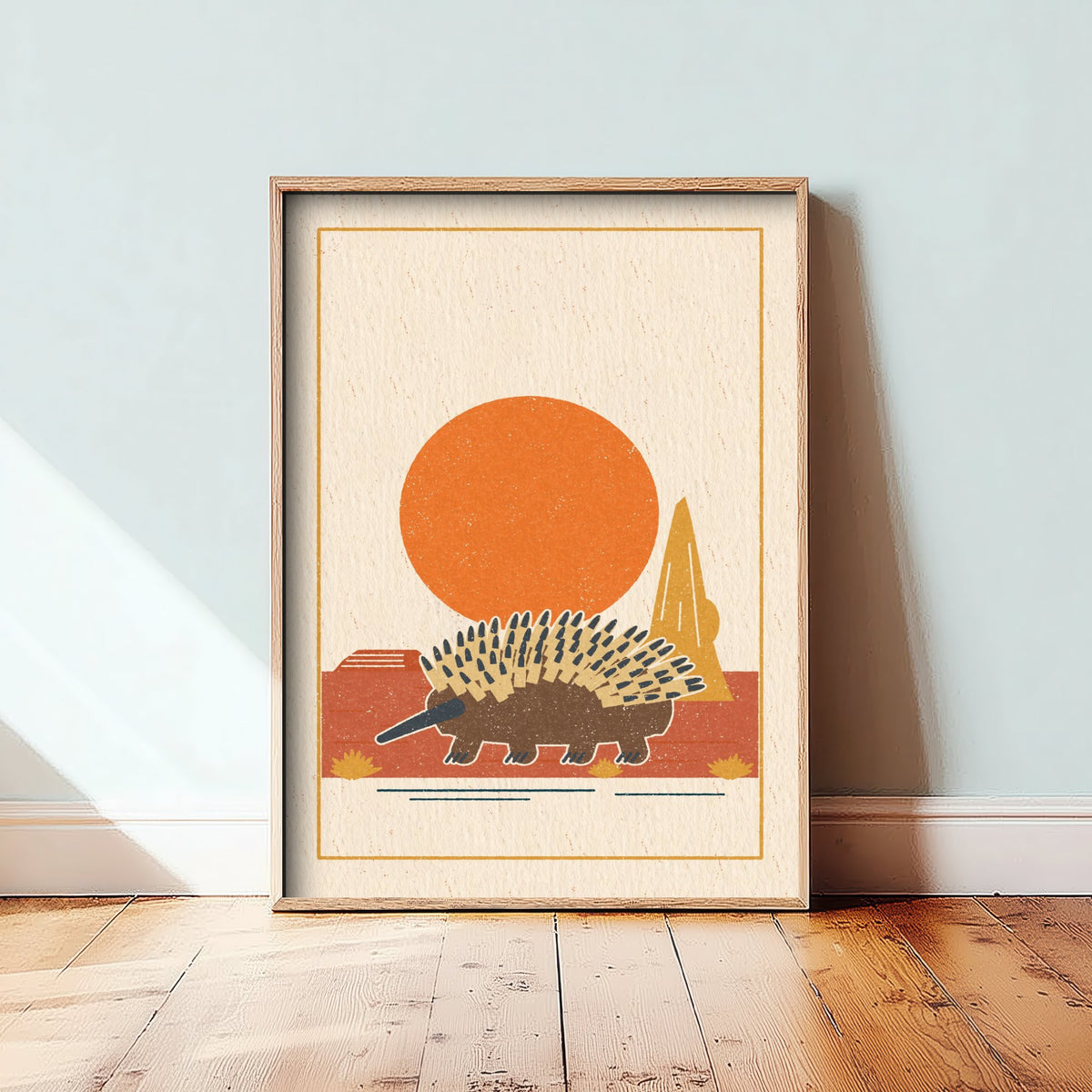 Echidna Art Print - Spiky Outback Animal Poster - Orange Sun Nursery Woodcut V2 3/3