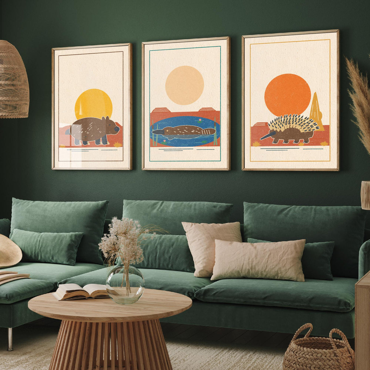 Australian Outback Animal Set of Three Art Prints - Wombat, Platypus, Echidna - Linocut Style Poster Illustration V2