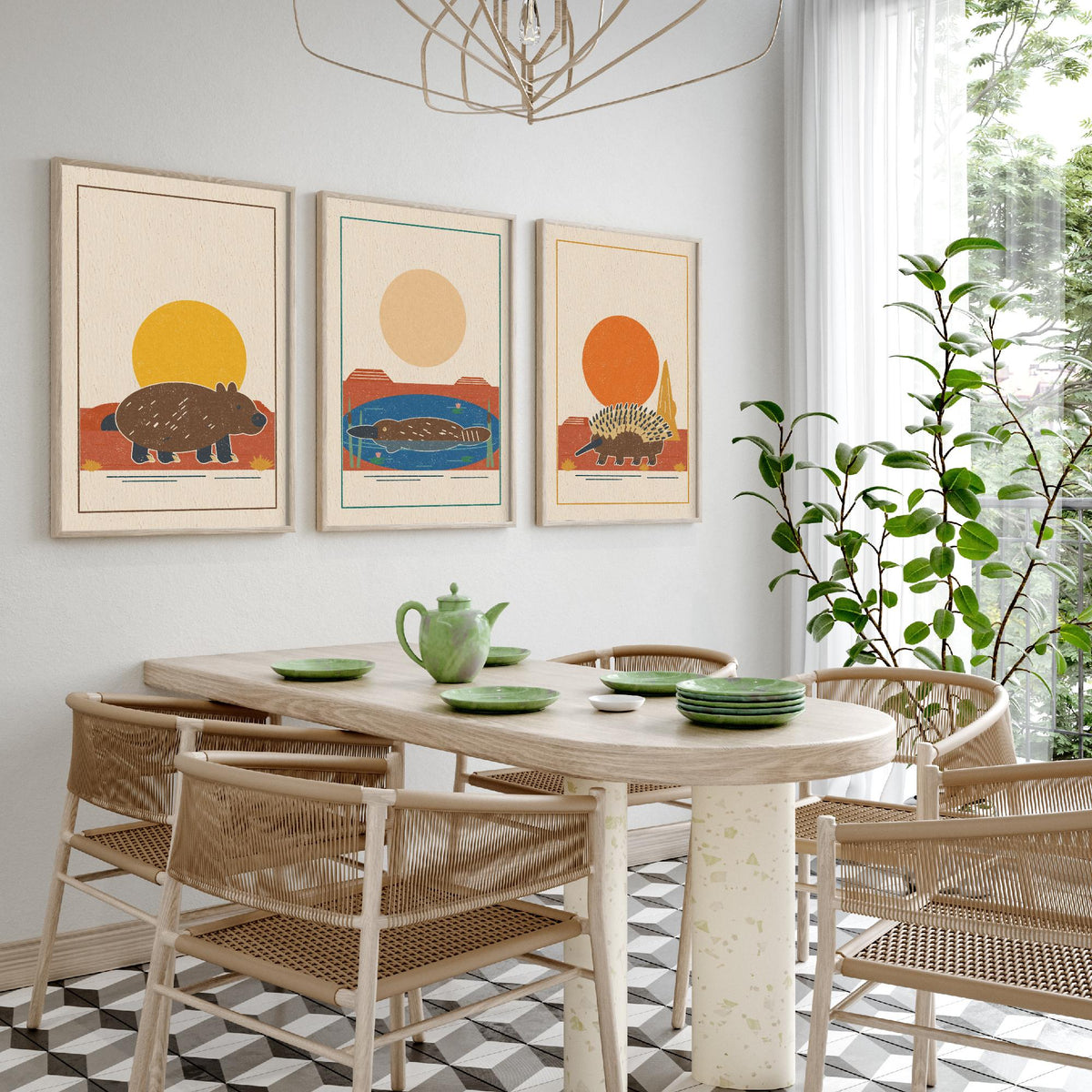 Australian Outback Animal Set of Three Art Prints - Wombat, Platypus, Echidna - Linocut Style Poster Illustration V2