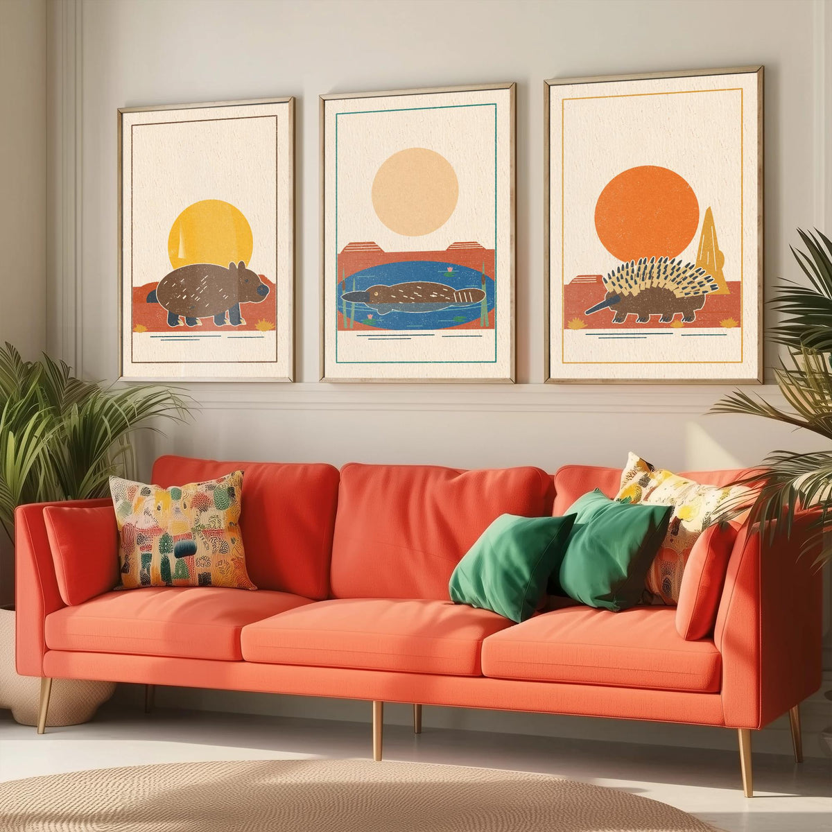 Australian Outback Animal Set of Three Art Prints - Wombat, Platypus, Echidna - Linocut Style Poster Illustration V2