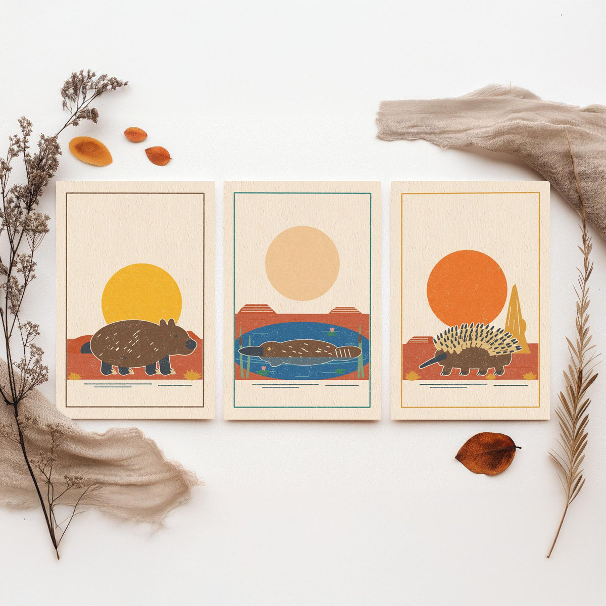 Australian Outback Animal Set of Three Art Prints - Wombat, Platypus, Echidna - Linocut Style Poster Illustration V2