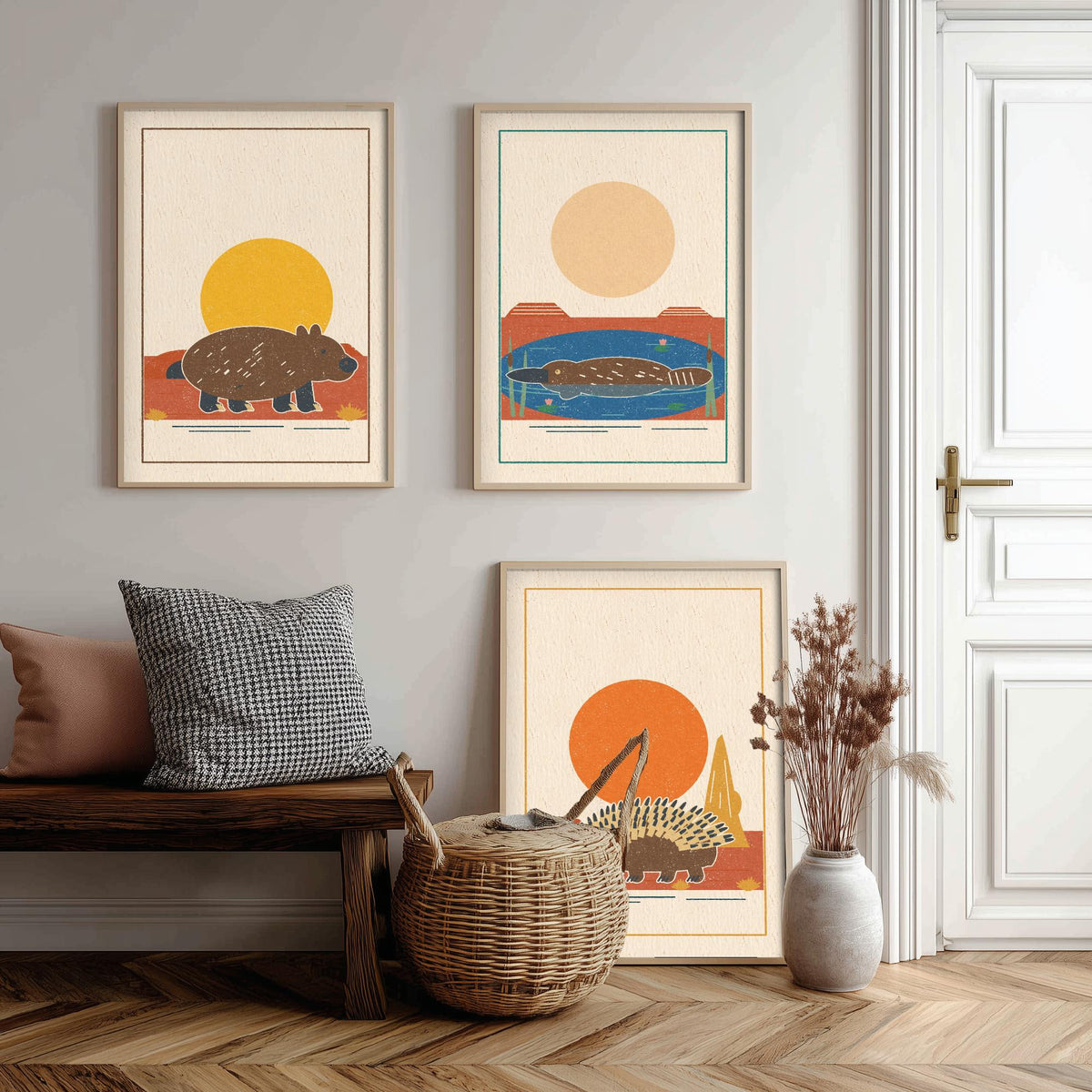 Australian Outback Animal Set of Three Art Prints - Wombat, Platypus, Echidna - Linocut Style Poster Illustration V2