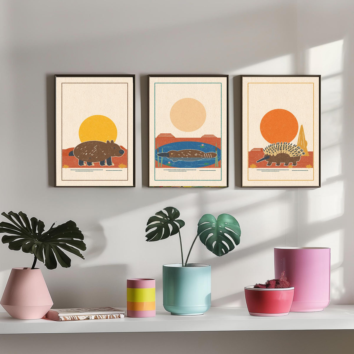 Australian Outback Animal Set of Three Art Prints - Wombat, Platypus, Echidna - Linocut Style Poster Illustration V2