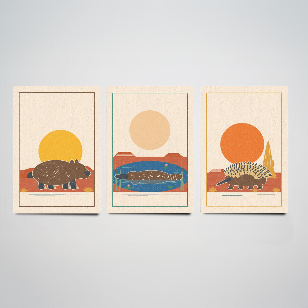 Australian Outback Animal Set of Three Art Prints - Wombat, Platypus, Echidna - Linocut Style Poster Illustration V2
