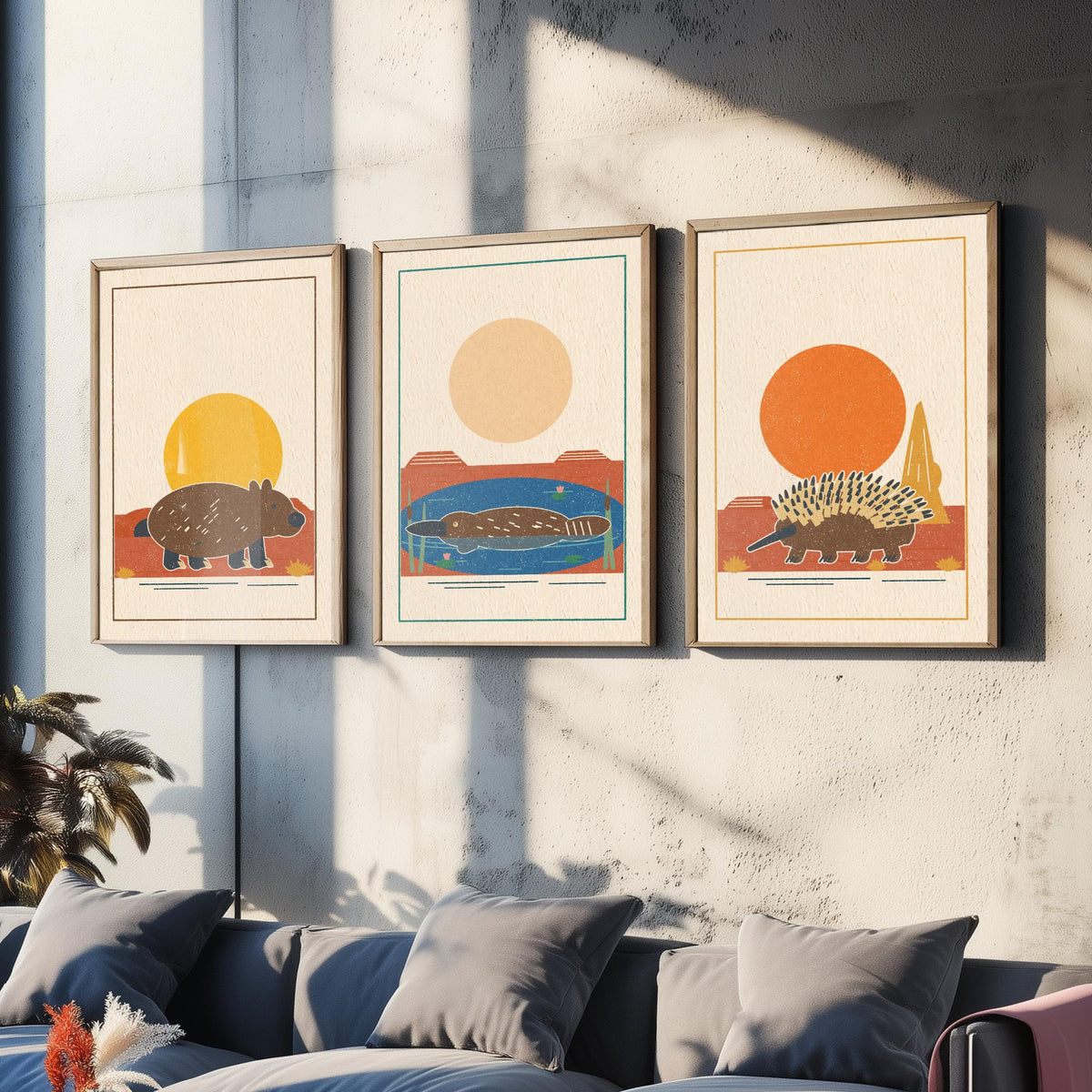 Australian Outback Animal Set of Three Art Prints - Wombat, Platypus, Echidna - Linocut Style Poster Illustration V2