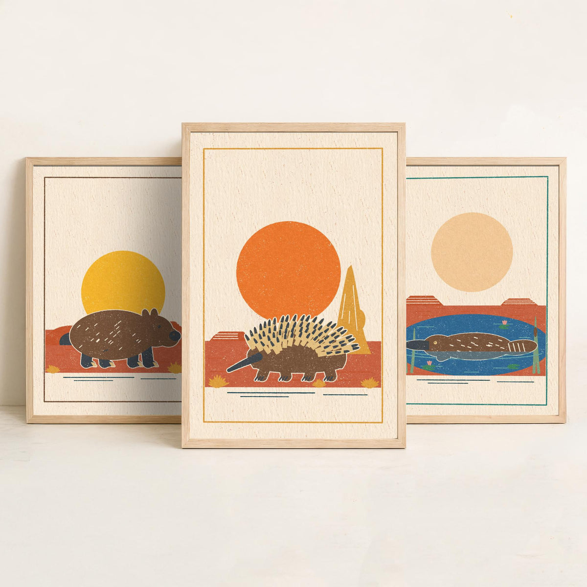 Australian Outback Animal Set of Three Art Prints - Wombat, Platypus, Echidna - Linocut Style Poster Illustration V2