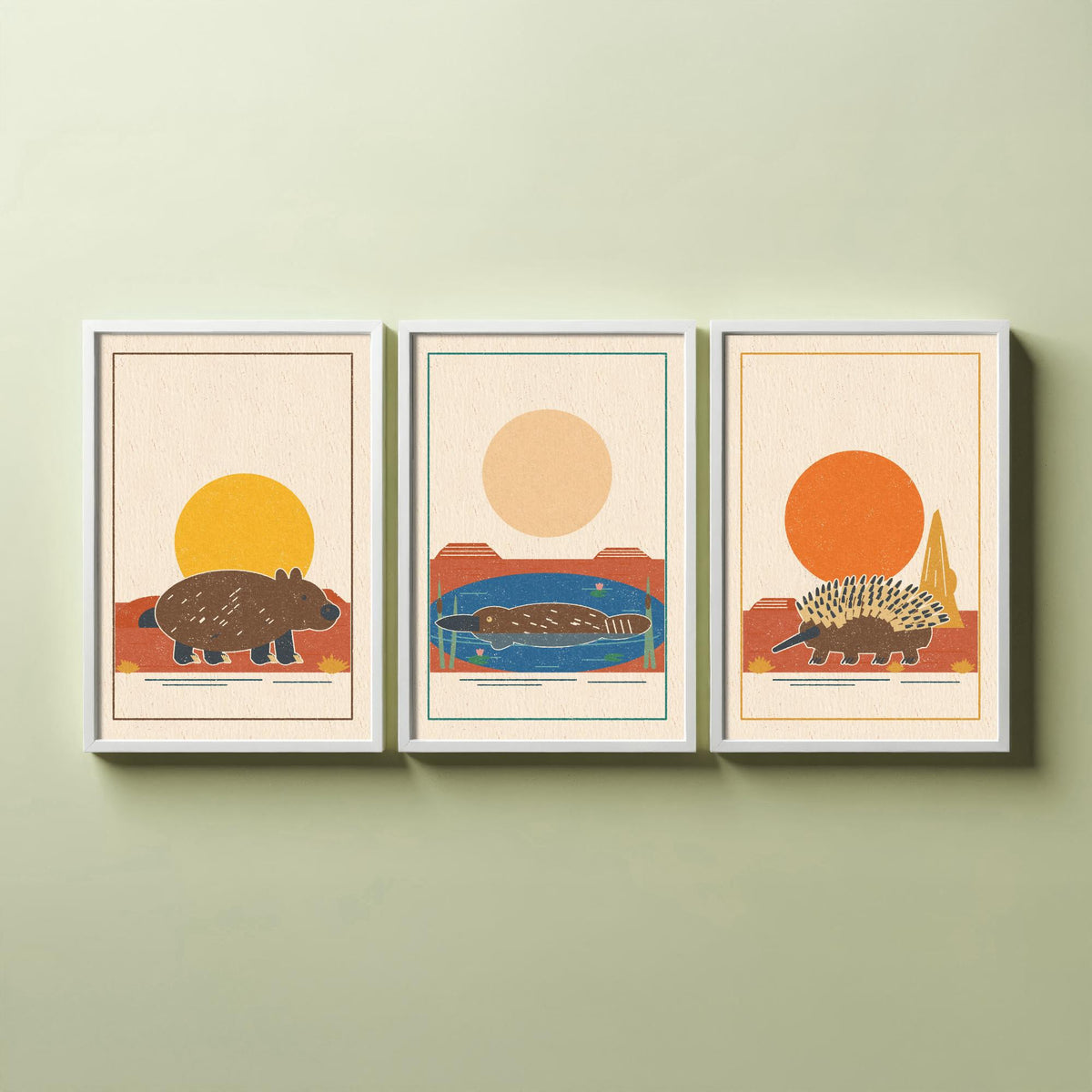 Australian Outback Animal Set of Three Art Prints - Wombat, Platypus, Echidna - Linocut Style Poster Illustration V2