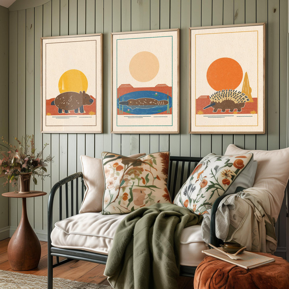 Australian Outback Animal Set of Three Art Prints - Wombat, Platypus, Echidna - Linocut Style Poster Illustration V2