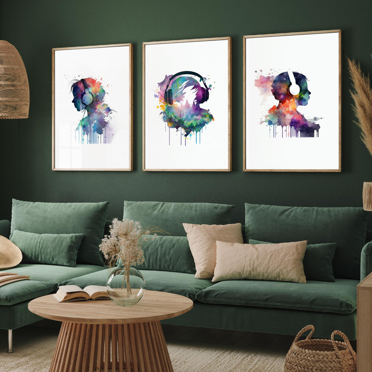 Music Lover Silhouettes Set of Three Art Prints - Headphones in Rainbow Watercolour - Splash Paint Poster