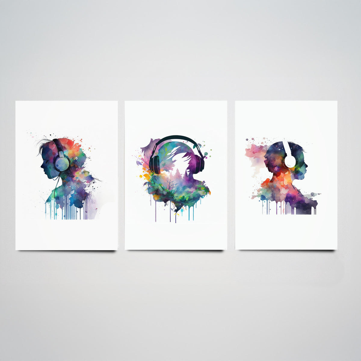 Music Lover Silhouettes Set of Three Art Prints - Headphones in Rainbow Watercolour - Splash Paint Poster