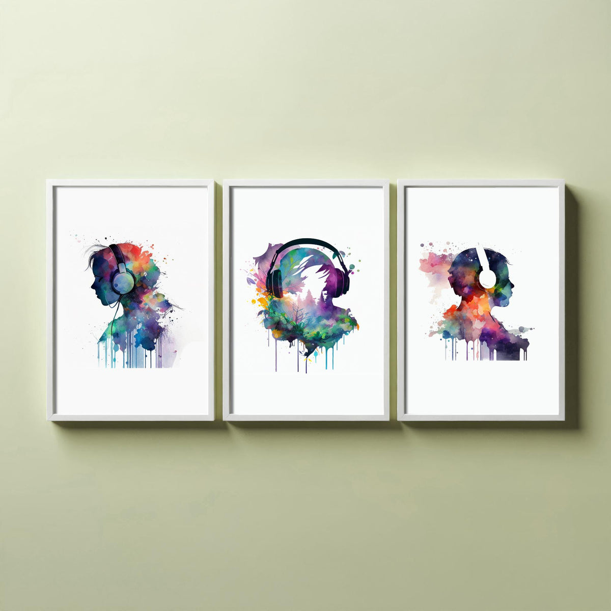 Music Lover Silhouettes Set of Three Art Prints - Headphones in Rainbow Watercolour - Splash Paint Poster