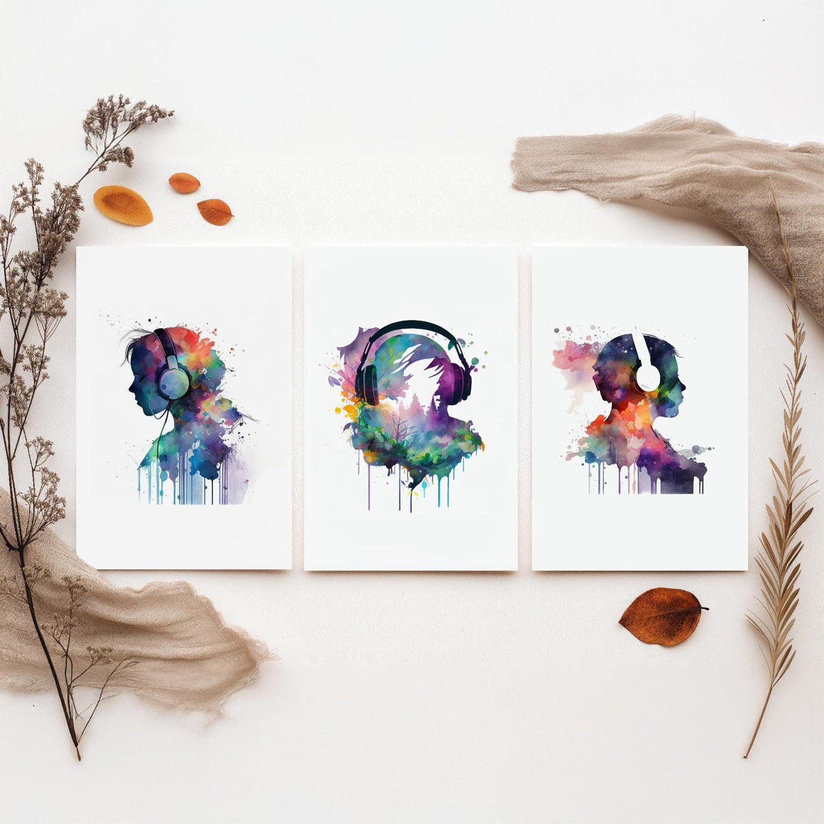 Music Lover Silhouettes Set of Three Art Prints - Headphones in Rainbow Watercolour - Splash Paint Poster