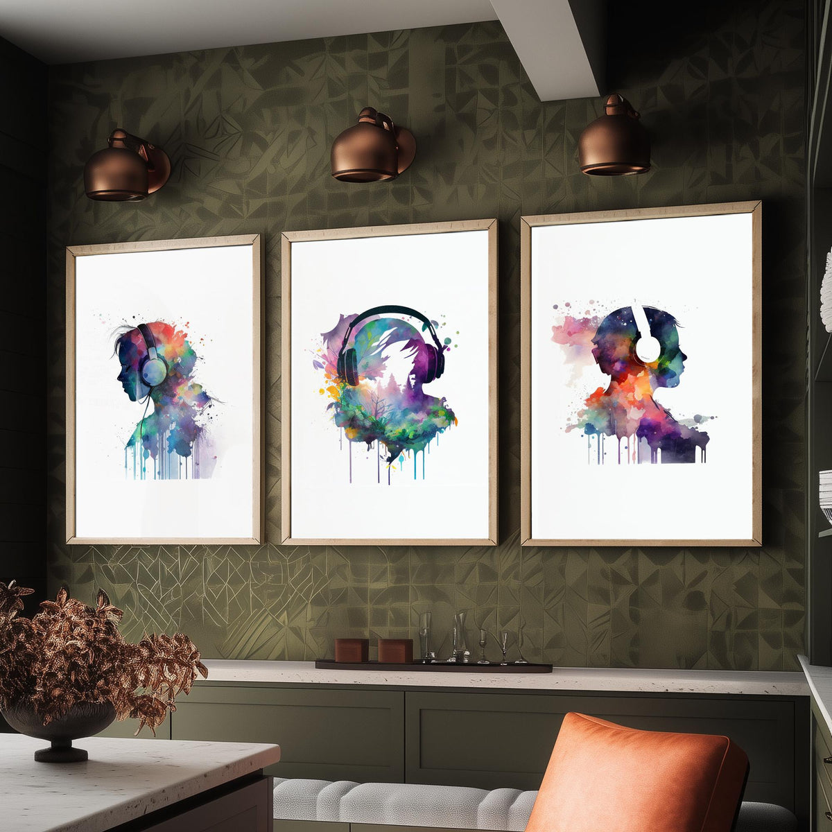 Music Lover Silhouettes Set of Three Art Prints - Headphones in Rainbow Watercolour - Splash Paint Poster