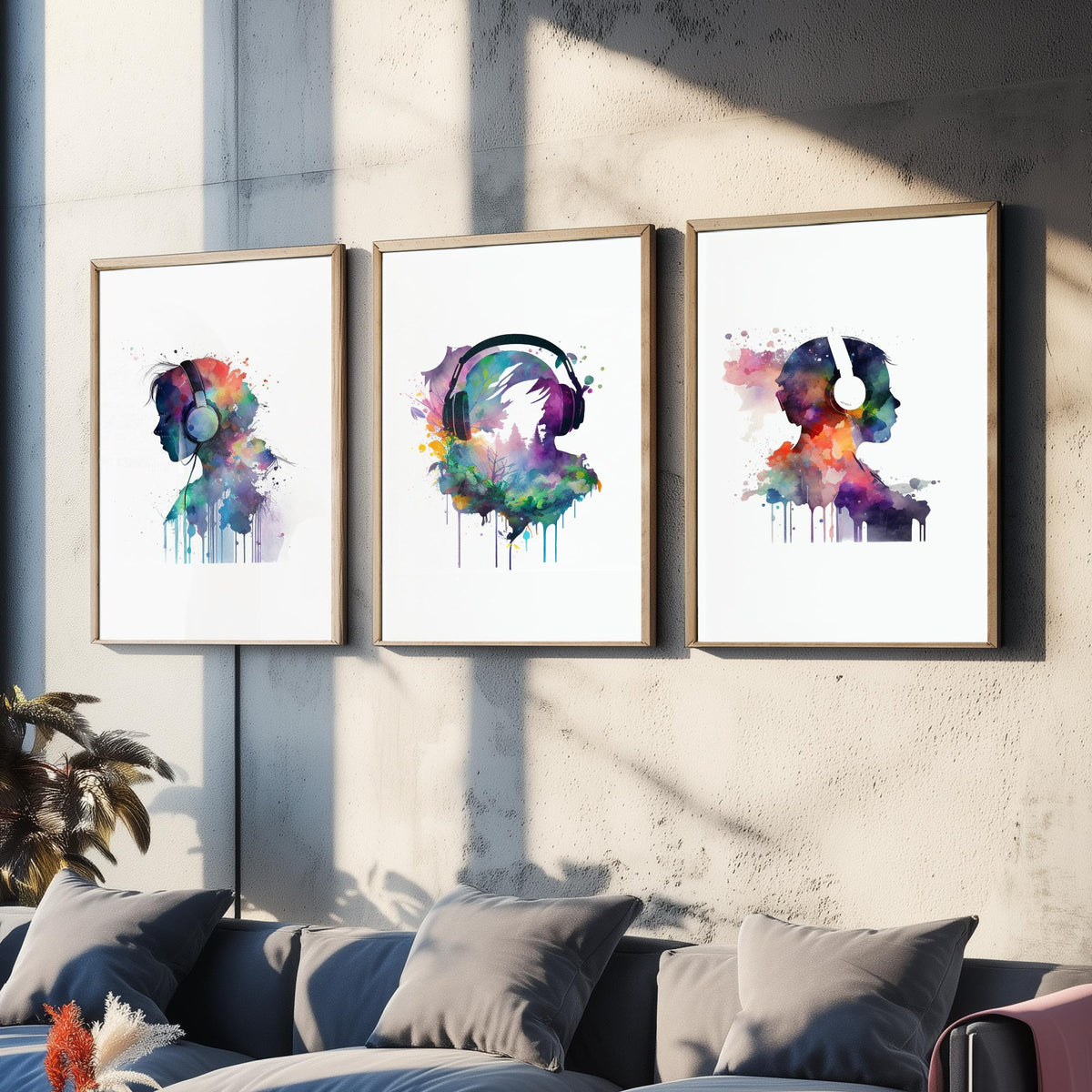 Music Lover Silhouettes Set of Three Art Prints - Headphones in Rainbow Watercolour - Splash Paint Poster