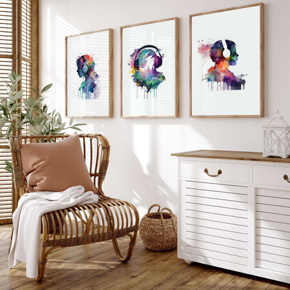 Music Lover Silhouettes Set of Three Art Prints - Headphones in Rainbow Watercolour - Splash Paint Poster