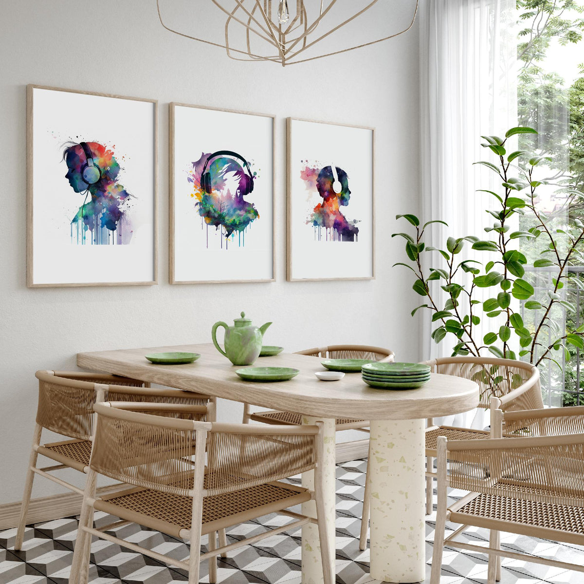 Music Lover Silhouettes Set of Three Art Prints - Headphones in Rainbow Watercolour - Splash Paint Poster