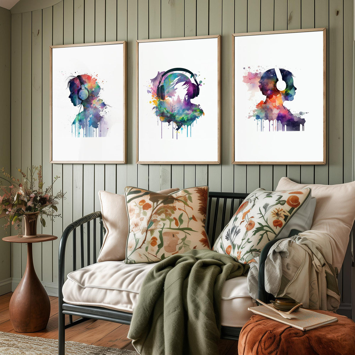 Music Lover Silhouettes Set of Three Art Prints - Headphones in Rainbow Watercolour - Splash Paint Poster