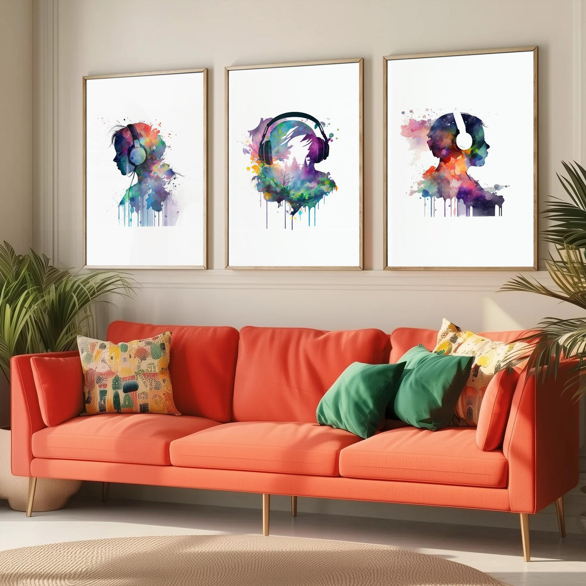 Music Lover Silhouettes Set of Three Art Prints - Headphones in Rainbow Watercolour - Splash Paint Poster