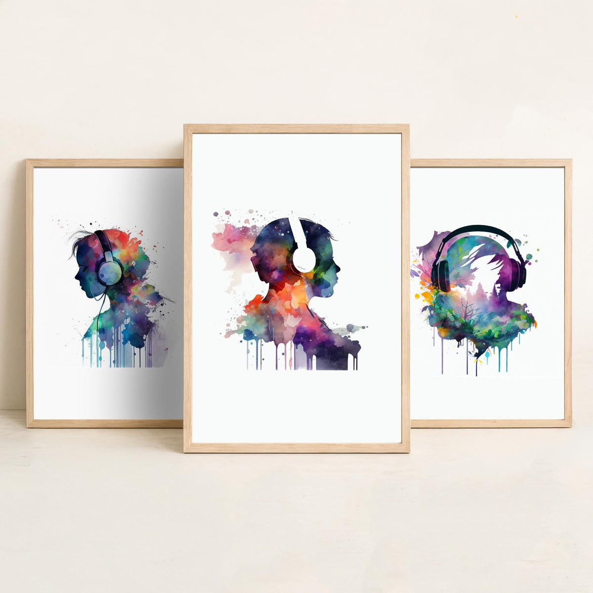 Music Lover Silhouettes Set of Three Art Prints - Headphones in Rainbow Watercolour - Splash Paint Poster