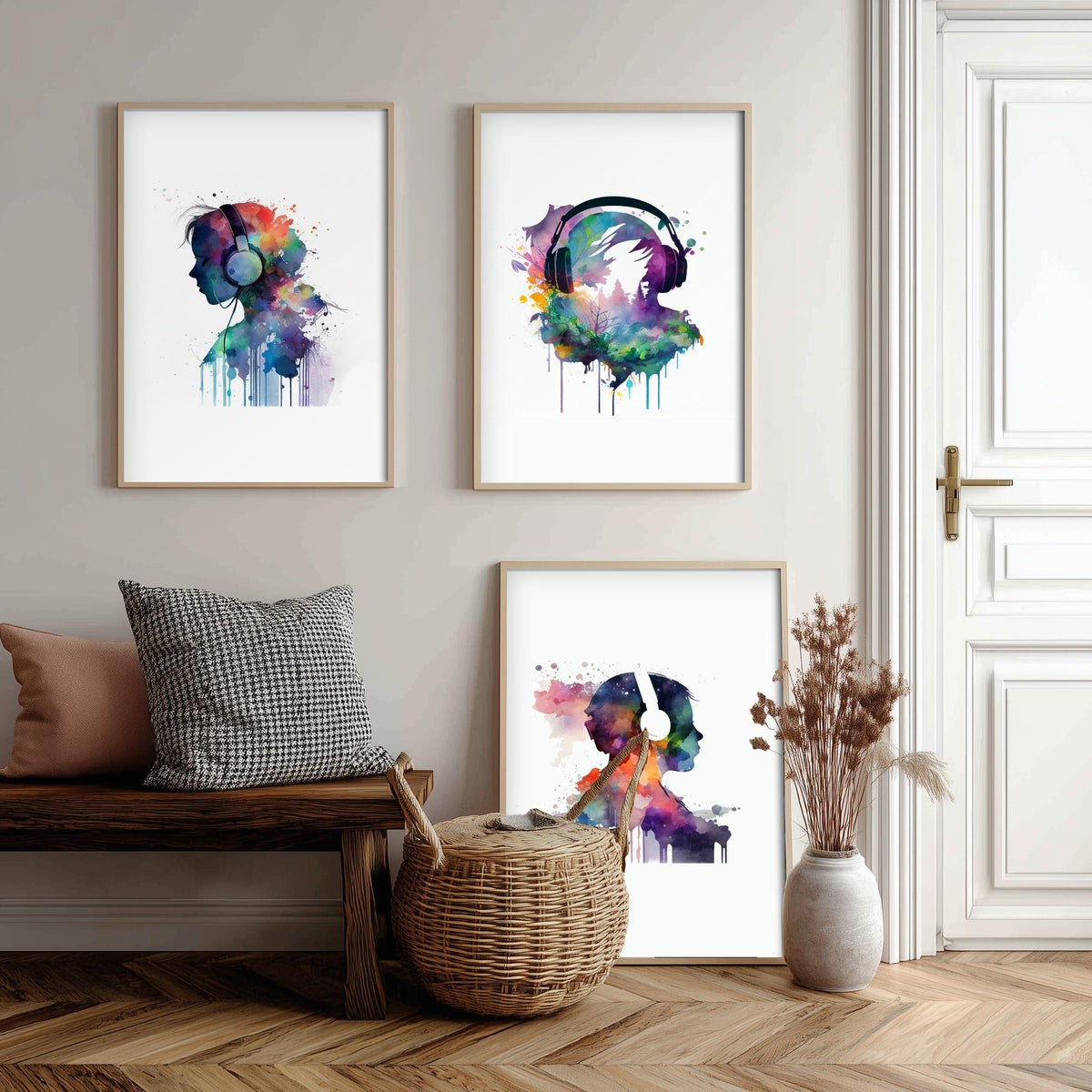Music Lover Silhouettes Set of Three Art Prints - Headphones in Rainbow Watercolour - Splash Paint Poster