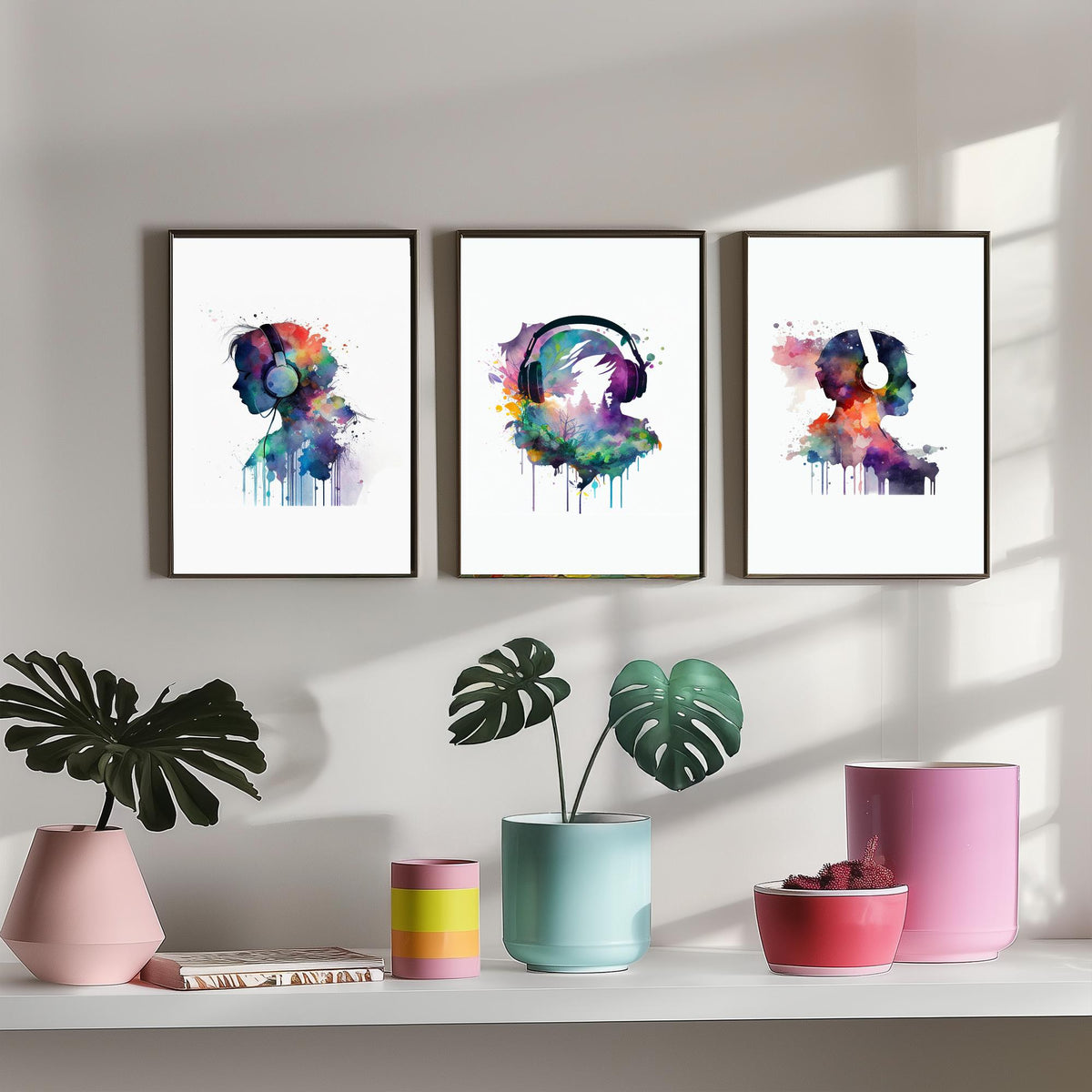 Music Lover Silhouettes Set of Three Art Prints - Headphones in Rainbow Watercolour - Splash Paint Poster