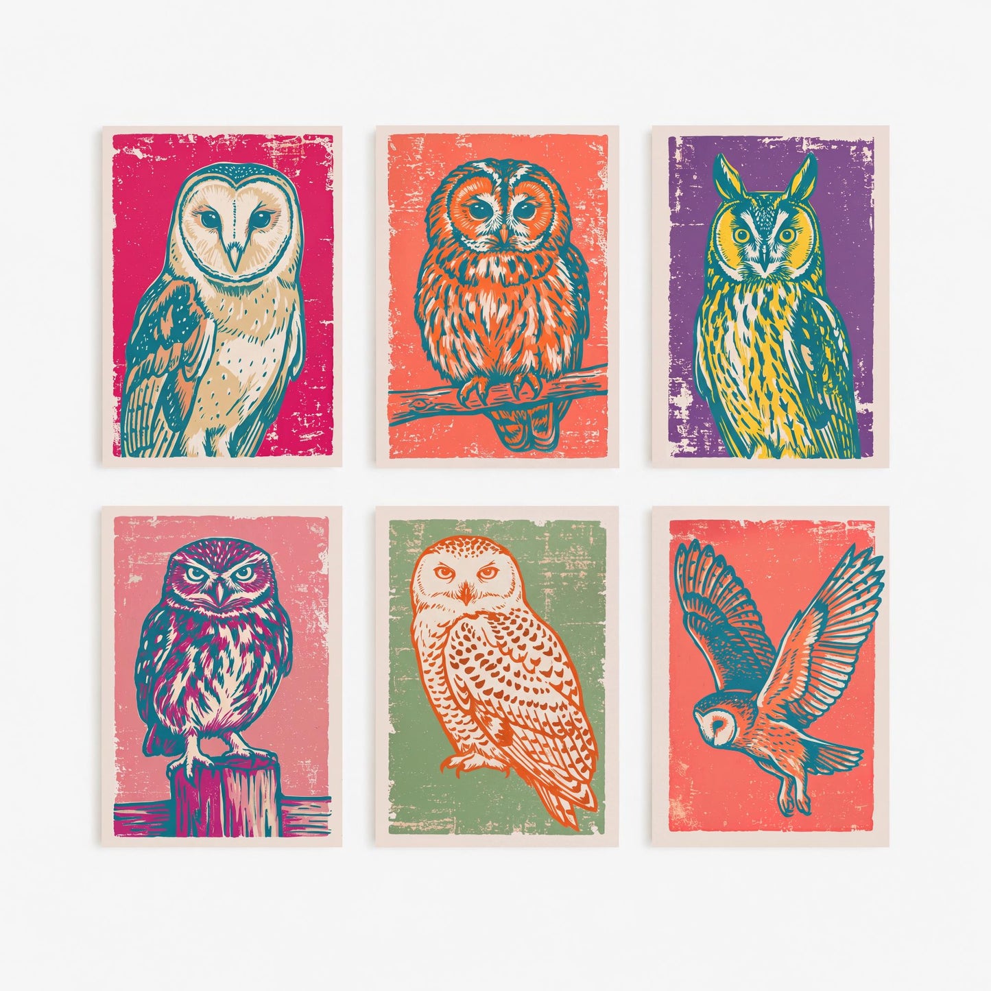 Set of Six Owls Linocut Art Prints - 6 Bird Illustrations - Barn Owl, Tawny Owl, Long Eared Owl, Little Owl, Snowy Owl, Flying Owl Posters