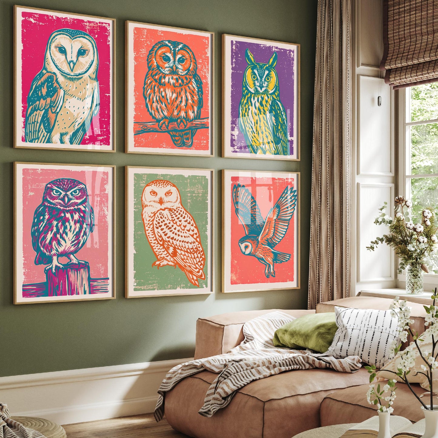 Set of Six Owls Linocut Art Prints - 6 Bird Illustrations - Barn Owl, Tawny Owl, Long Eared Owl, Little Owl, Snowy Owl, Flying Owl Posters