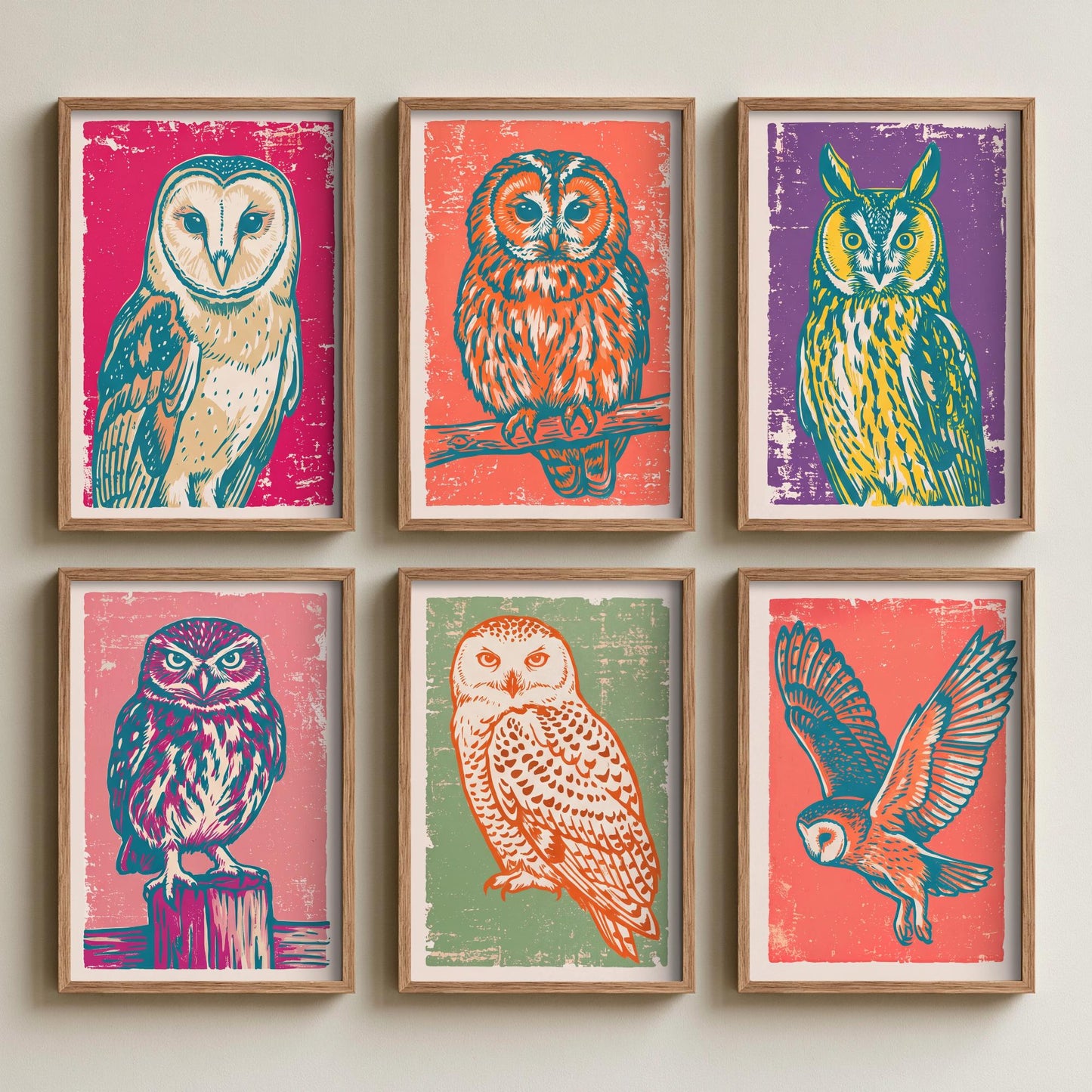 Set of Six Owls Linocut Art Prints - 6 Bird Illustrations - Barn Owl, Tawny Owl, Long Eared Owl, Little Owl, Snowy Owl, Flying Owl Posters