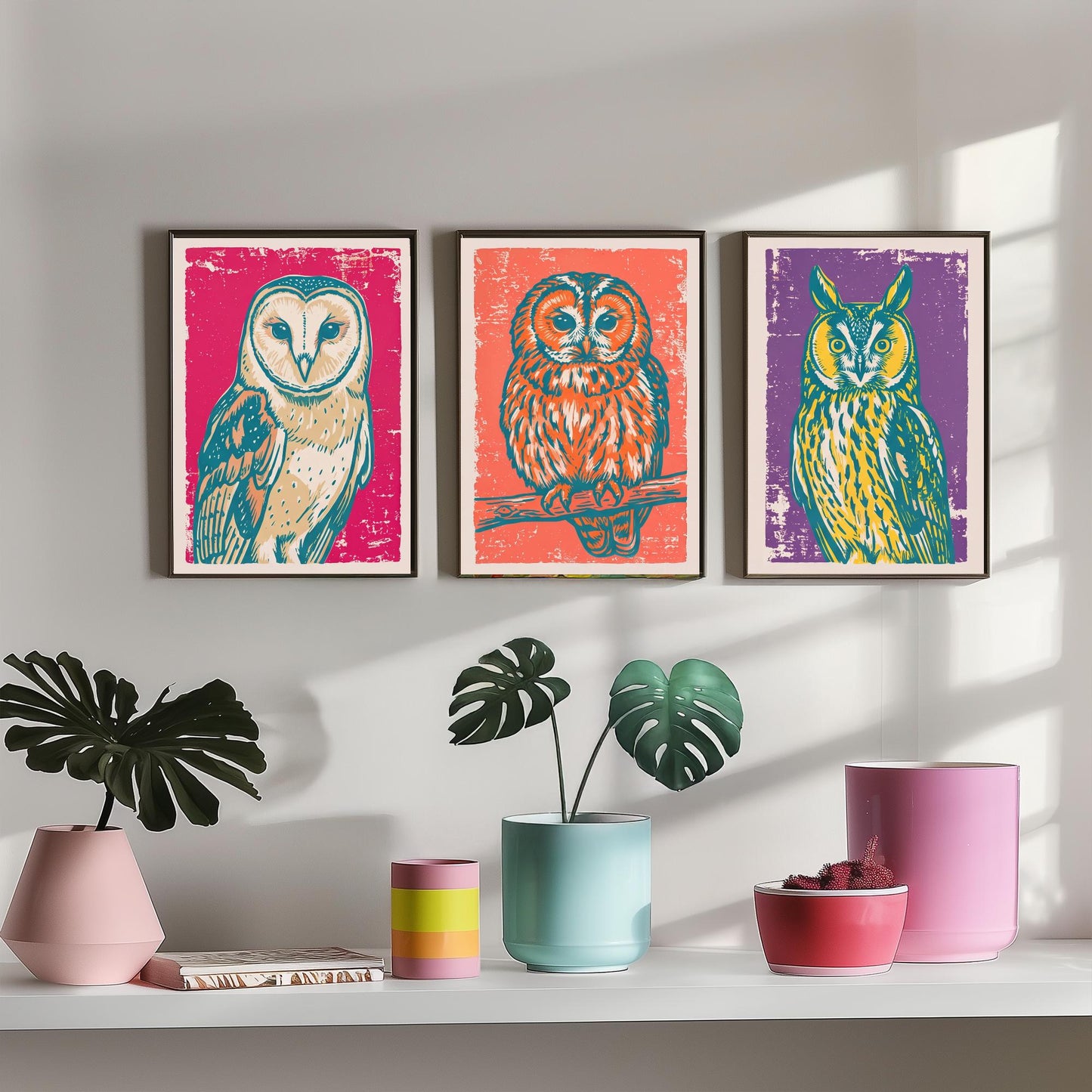 Barn Owl, Tawny Owl and Long Eared Owl - Set of Three Linocut Illustrations - Owl Art Prints - Bird Wall Posters V1