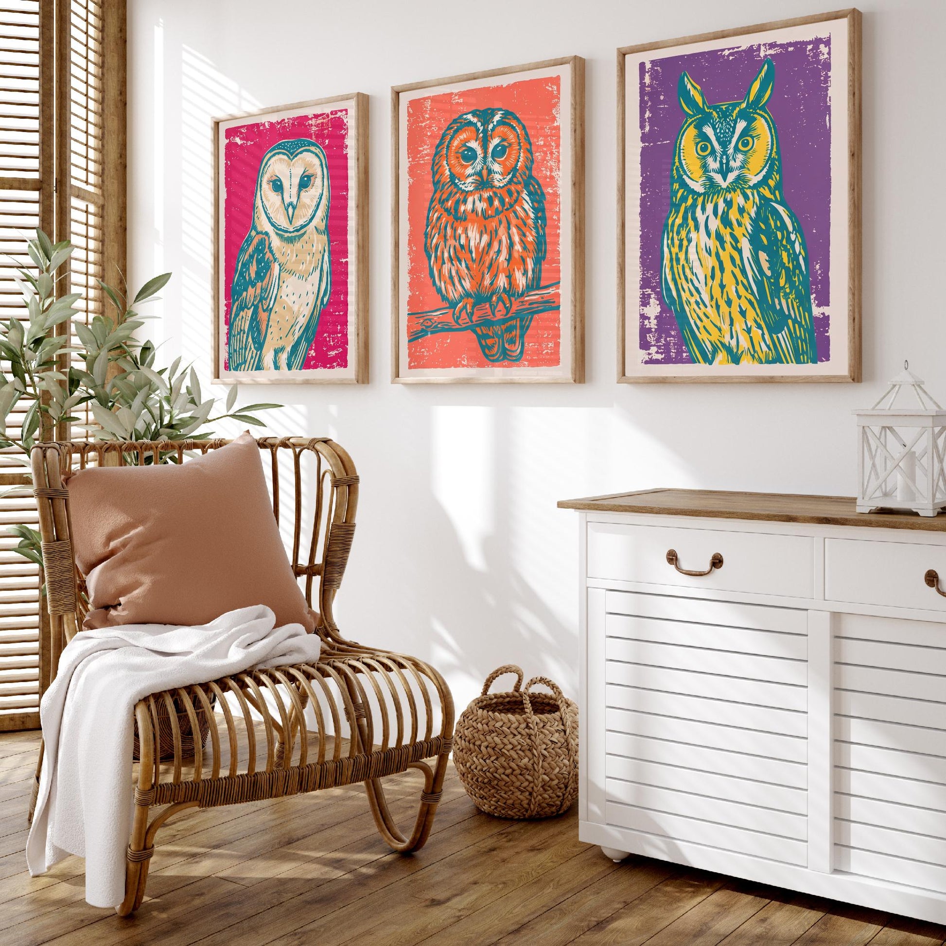 Barn Owl, Tawny Owl and Long Eared Owl - Set of Three Linocut Illustrations - Owl Art Prints - Bird Wall Posters V1