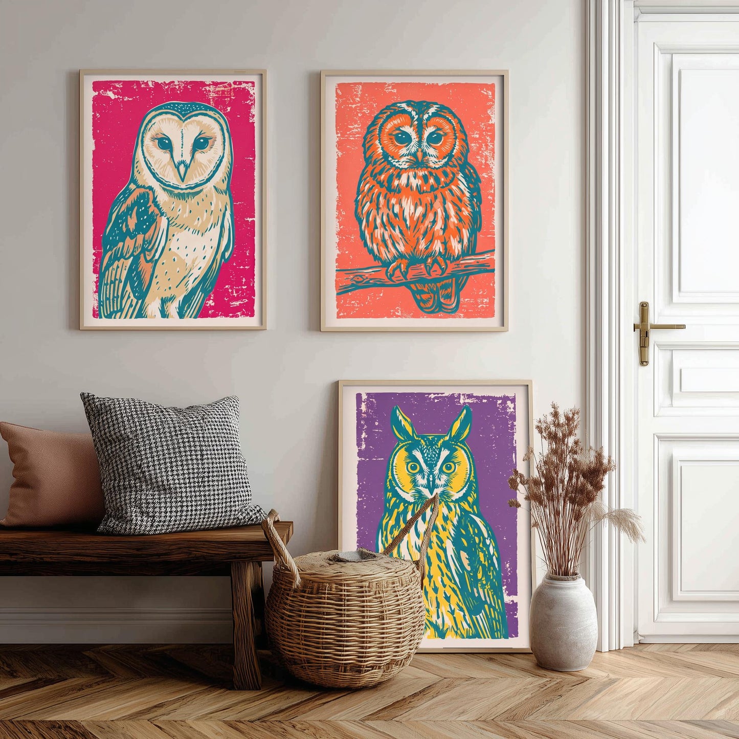 Barn Owl, Tawny Owl and Long Eared Owl - Set of Three Linocut Illustrations - Owl Art Prints - Bird Wall Posters V1