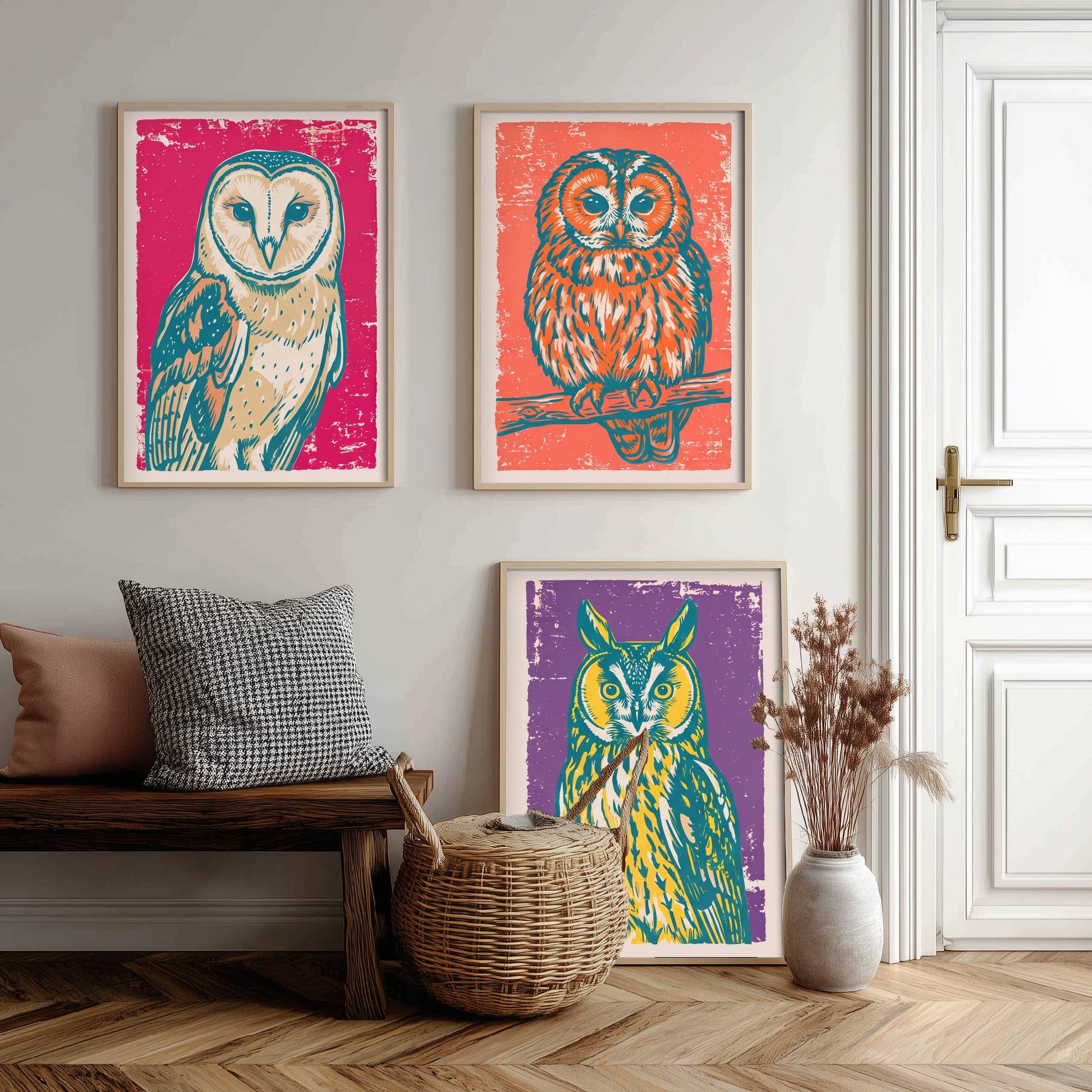 Barn Owl, Tawny Owl and Long Eared Owl - Set of Three Linocut Illustrations - Owl Art Prints - Bird Wall Posters V1
