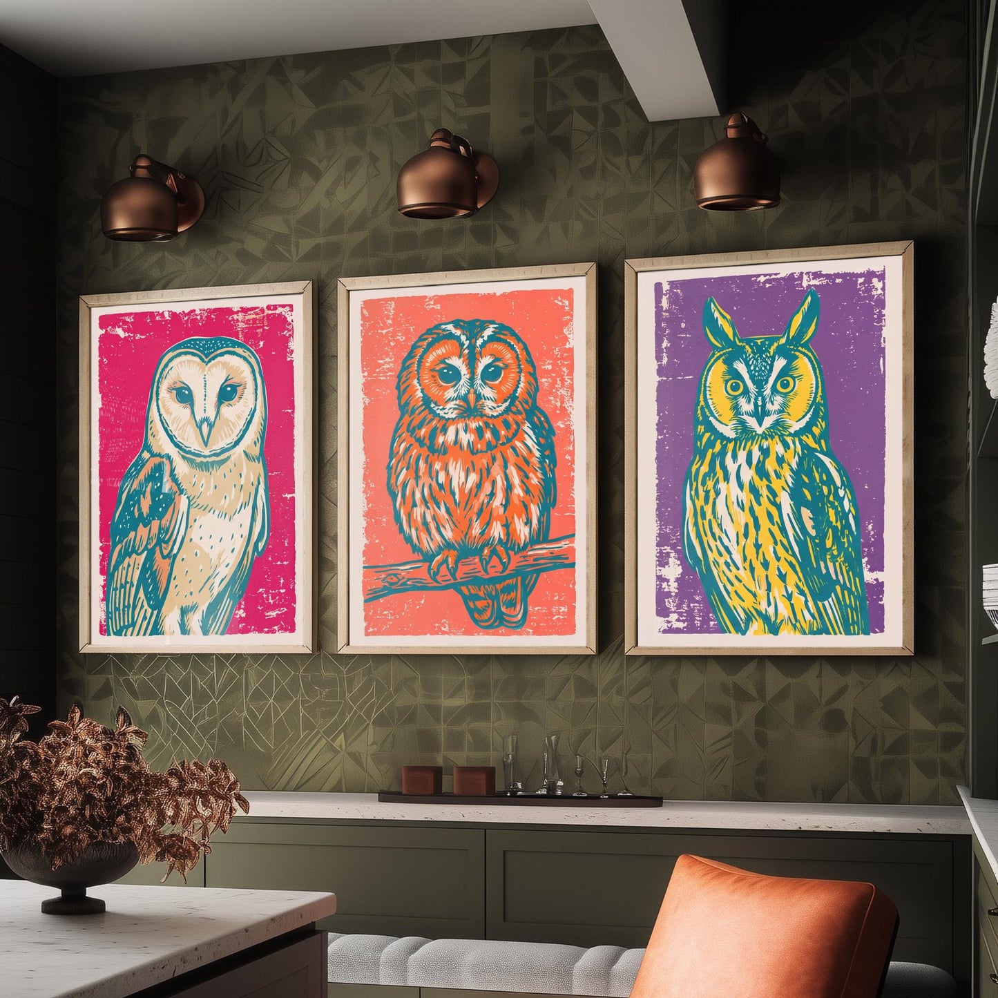 Barn Owl, Tawny Owl and Long Eared Owl - Set of Three Linocut Illustrations - Owl Art Prints - Bird Wall Posters V1