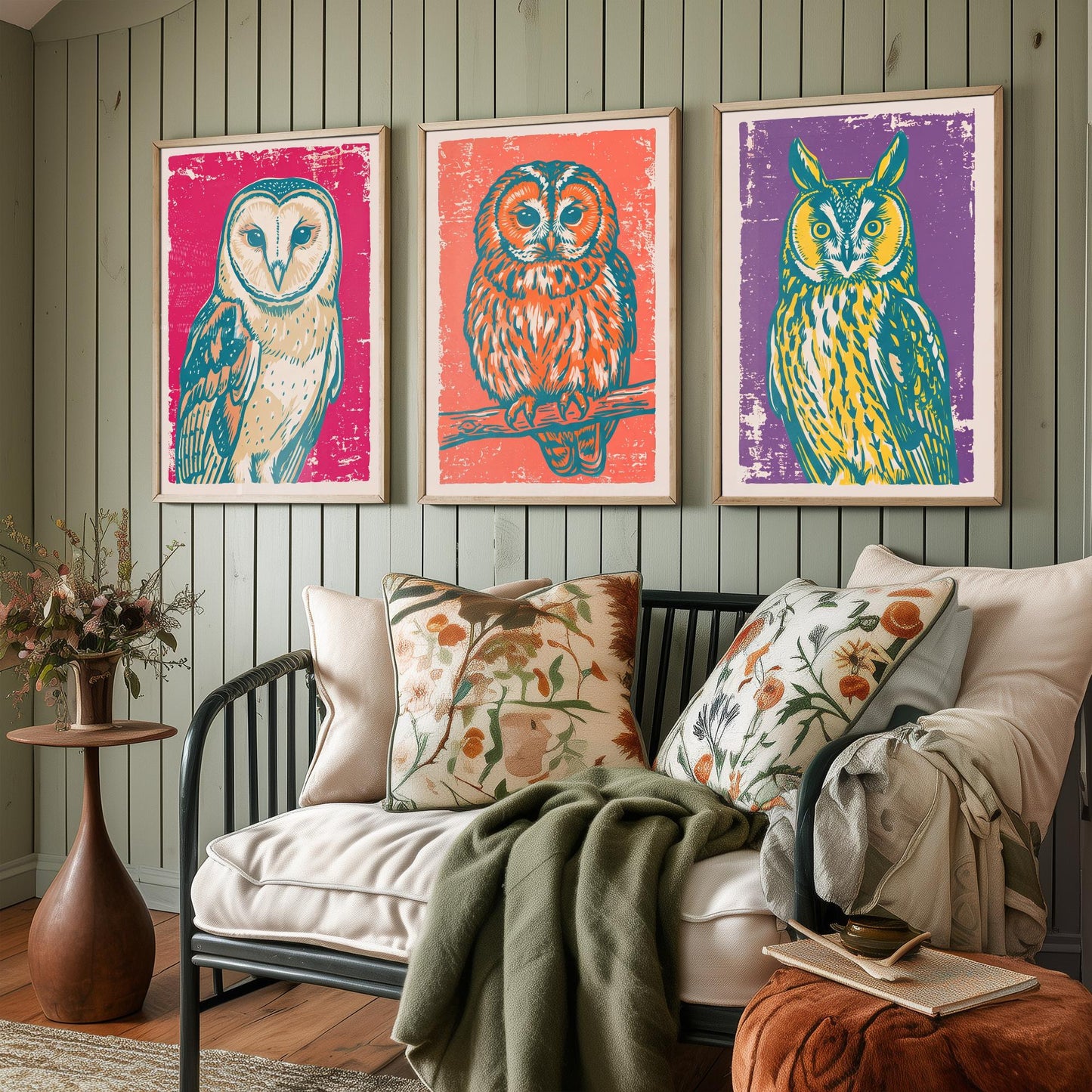 Barn Owl, Tawny Owl and Long Eared Owl - Set of Three Linocut Illustrations - Owl Art Prints - Bird Wall Posters V1