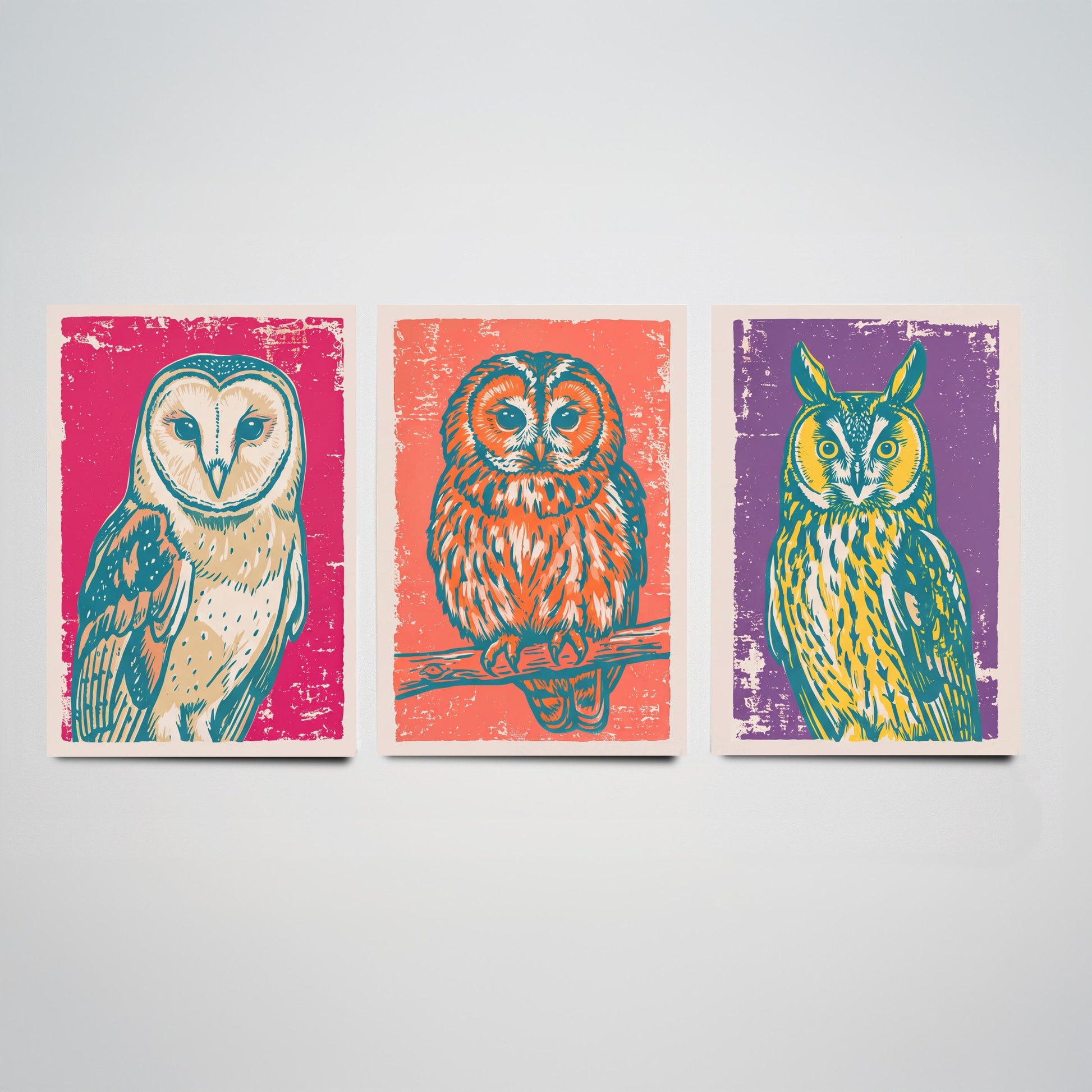 Barn Owl, Tawny Owl and Long Eared Owl - Set of Three Linocut Illustrations - Owl Art Prints - Bird Wall Posters V1
