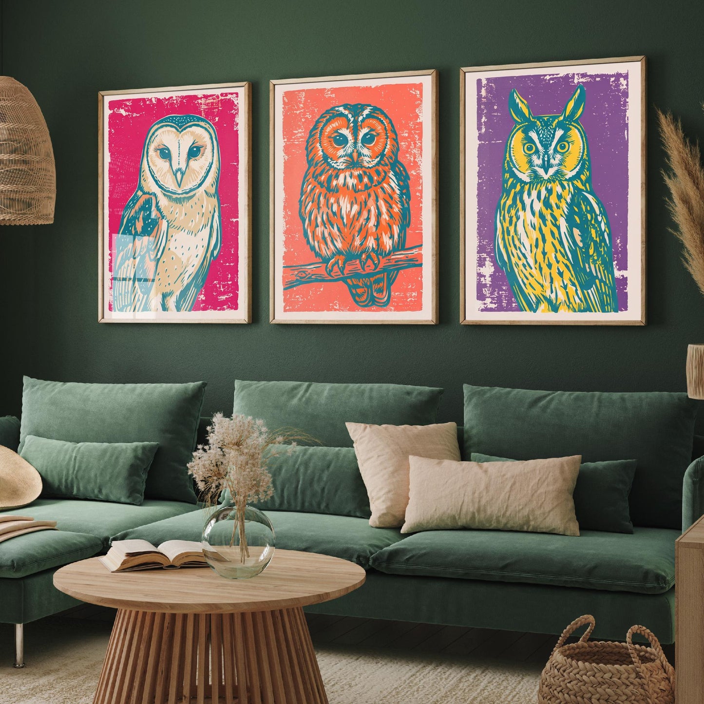 Barn Owl, Tawny Owl and Long Eared Owl - Set of Three Linocut Illustrations - Owl Art Prints - Bird Wall Posters V1