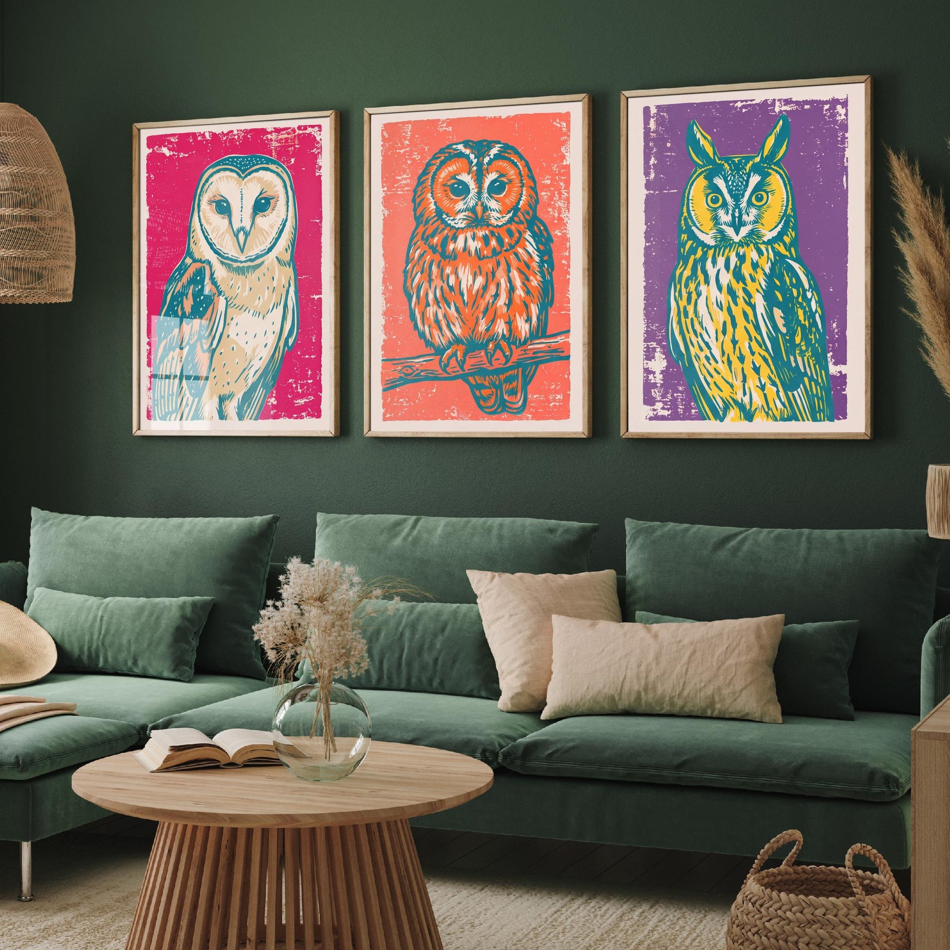 Barn Owl, Tawny Owl and Long Eared Owl - Set of Three Linocut Illustrations - Owl Art Prints - Bird Wall Posters V1