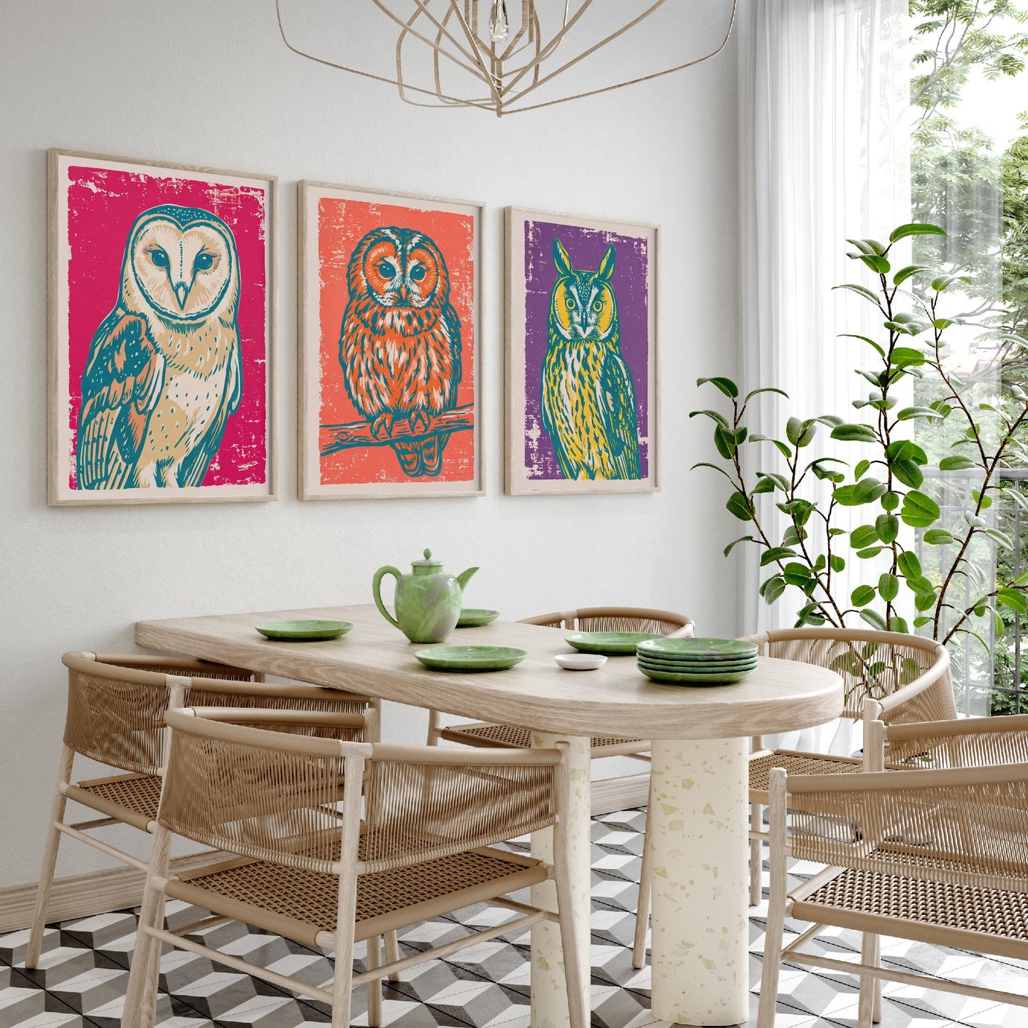 Barn Owl, Tawny Owl and Long Eared Owl - Set of Three Linocut Illustrations - Owl Art Prints - Bird Wall Posters V1